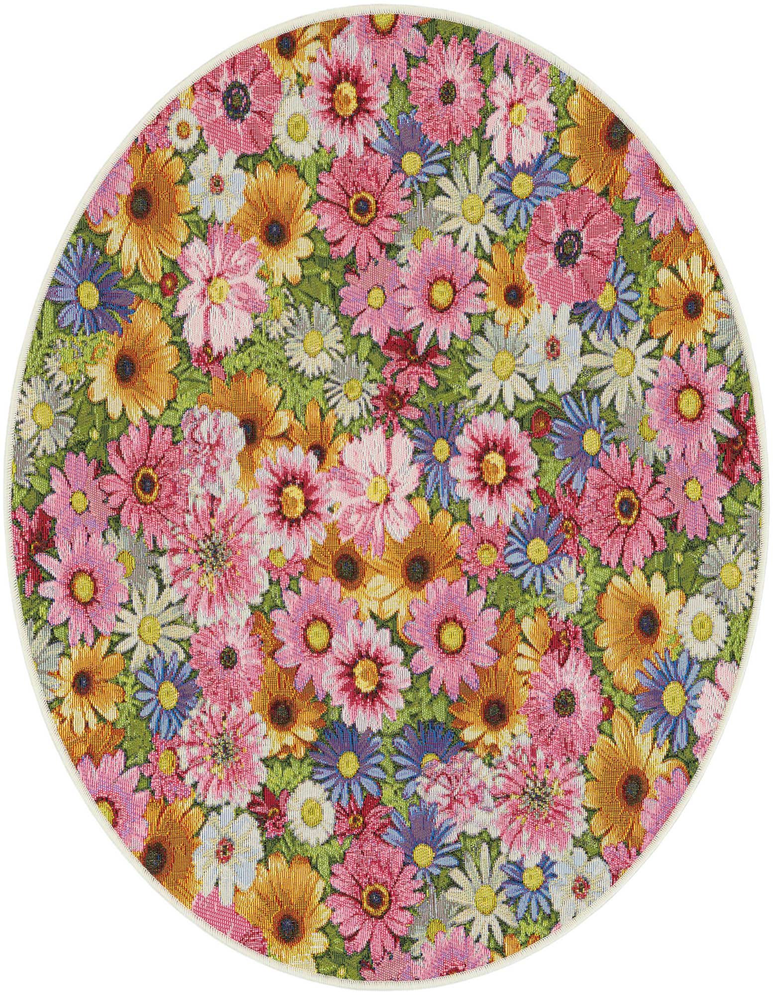 A vibrant 4' round multi-colored floral rug featuring a dense pattern of pink, orange, blue, and white flowers with green leaves, suitable for indoor or outdoor use.