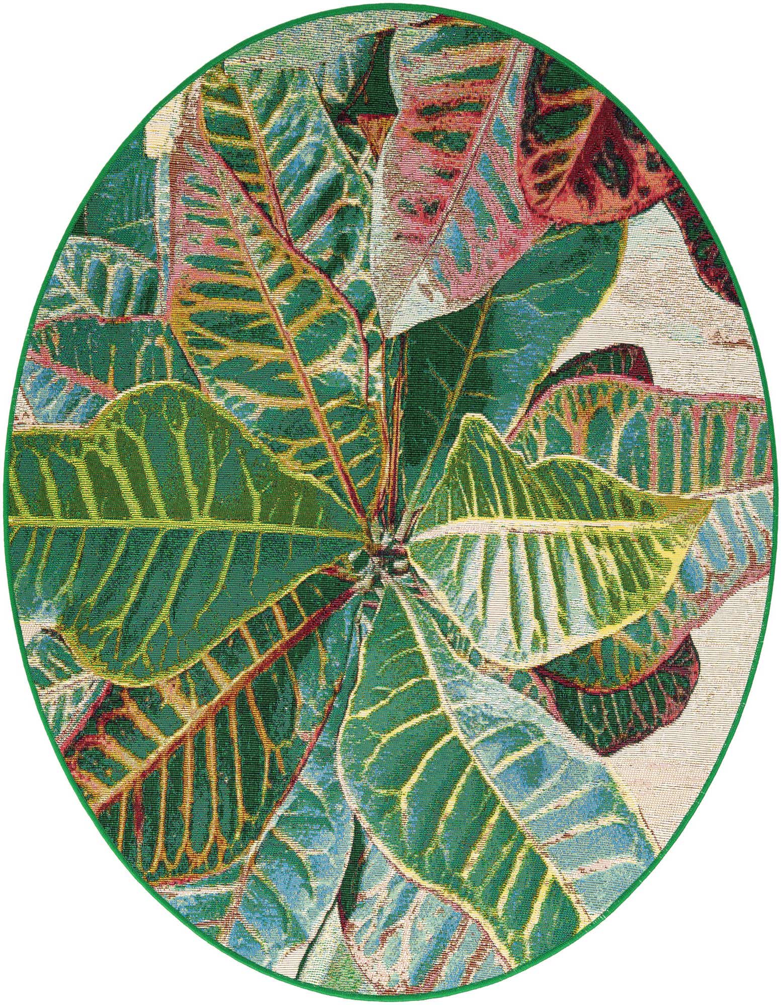 A vibrant 5' round rug featuring a modern botanical pattern of large, multi-colored leaves in green, pink, and blue, ideal for a patio.