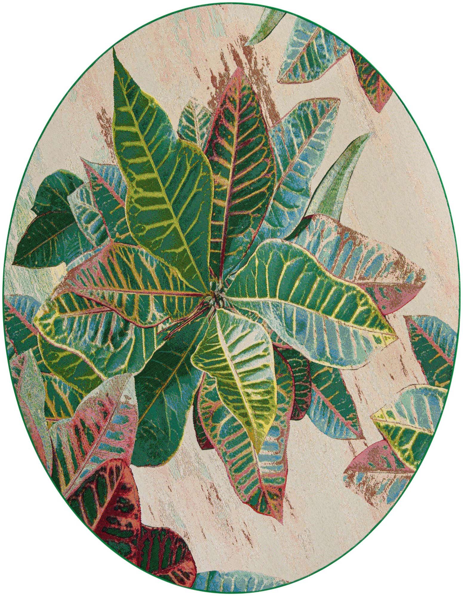 A round, multi-colored rug featuring a vibrant, modern floral pattern of large green, pink, and yellow leaves on a light background.