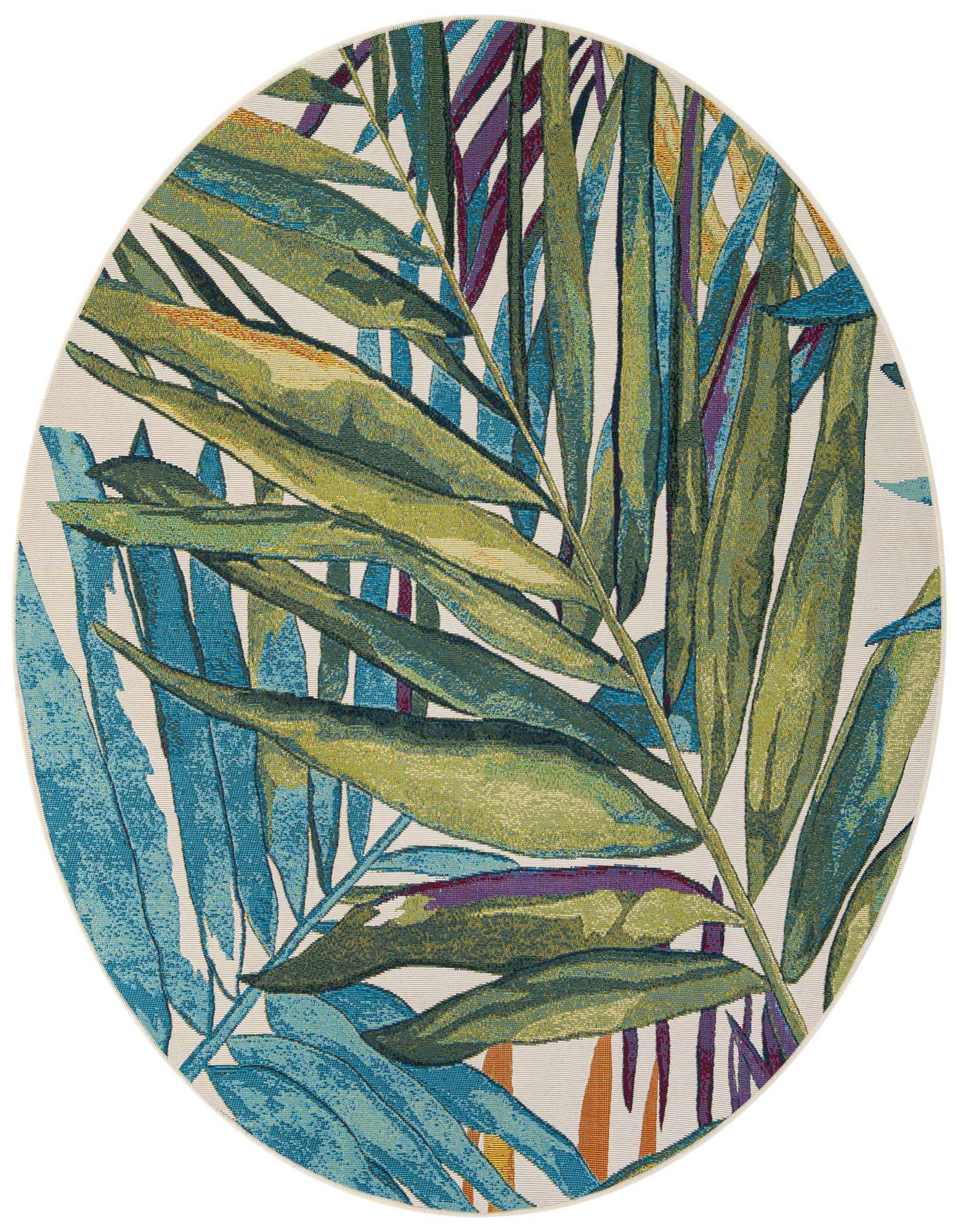 A 6' round multi-colored rug with a modern botanical pattern featuring large green and blue leaves on a light background, suitable for indoor or outdoor use.