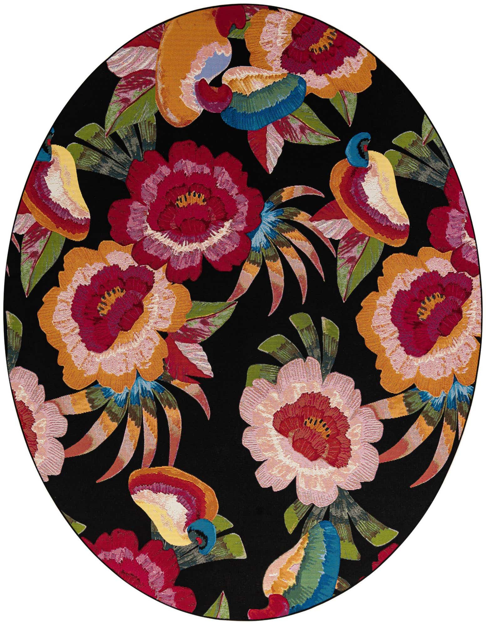 A round, multi-colored modern botanical rug with large red, pink, and orange flowers and green leaves on a black background.