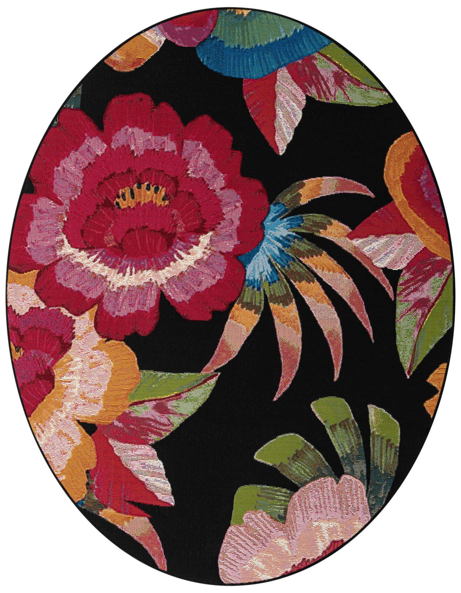 A 6' round multi-colored modern botanical rug with large red, pink, and green flowers on a black background, suitable for indoor or outdoor use.