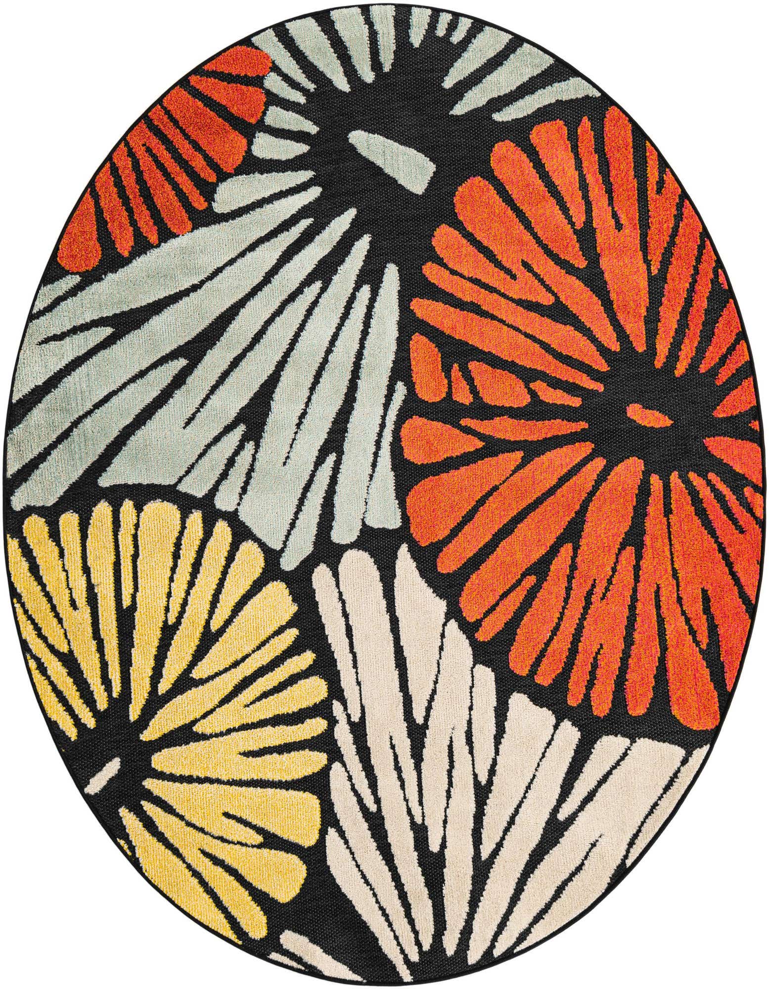 A 6' round multi-colored modern rug with large abstract floral patterns in orange, light blue, yellow, and cream on a black background.