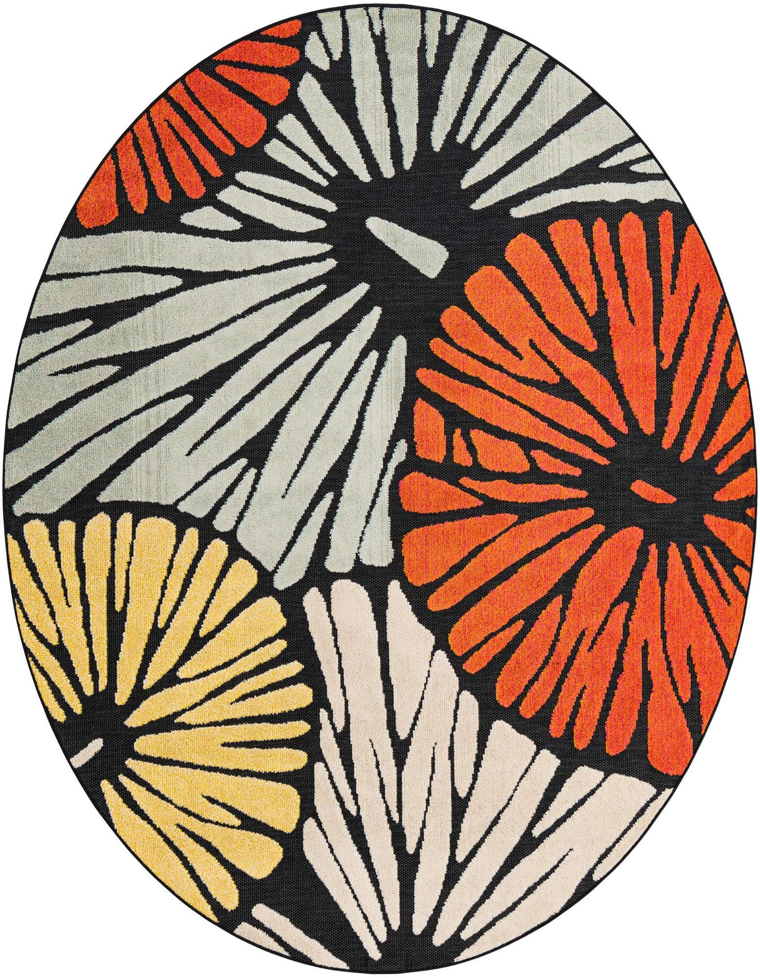 A round, multi-colored modern rug featuring large, abstract floral shapes in orange, light grey, yellow, and cream against a black background.