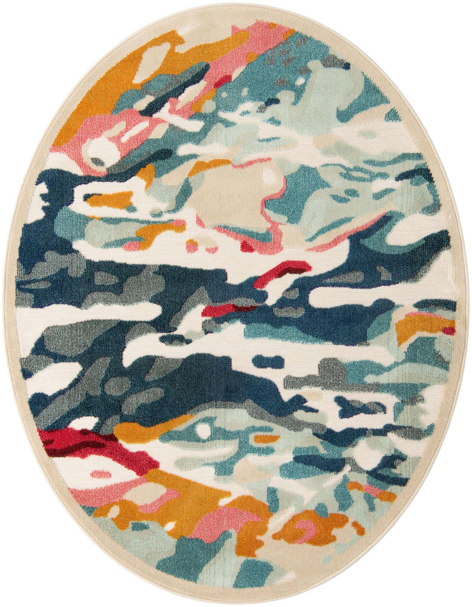 A 6' 0 x 6' 0 round multi-colored modern rug with an abstract pattern in shades of blue, teal, pink, orange, and cream, suitable for indoor or outdoor use.