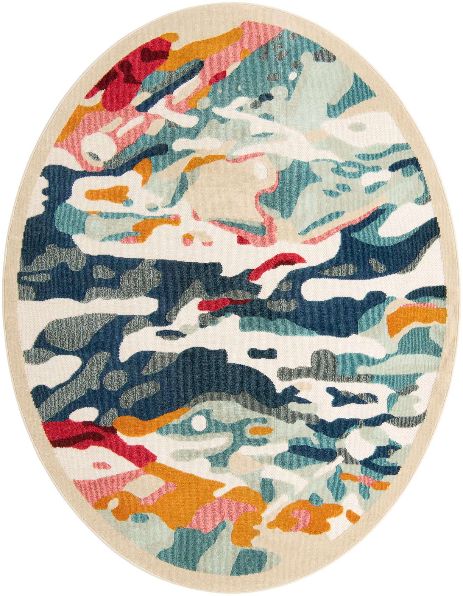 A round, multi-colored modern rug featuring abstract shapes in blue, teal, pink, orange, and red, with a beige border.