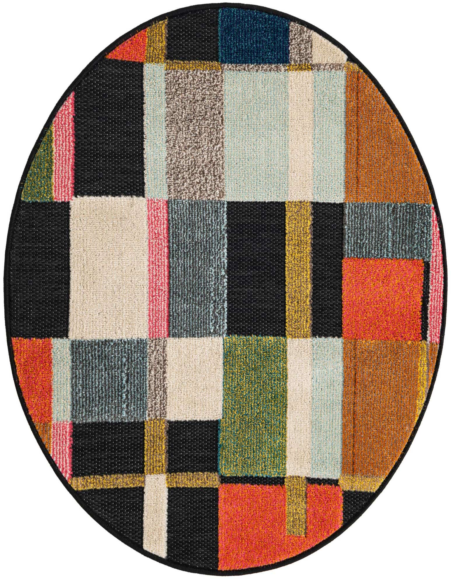 A 3' round multi-colored modern rug with a geometric patchwork design, featuring black, red, orange, blue, green, and cream blocks.
