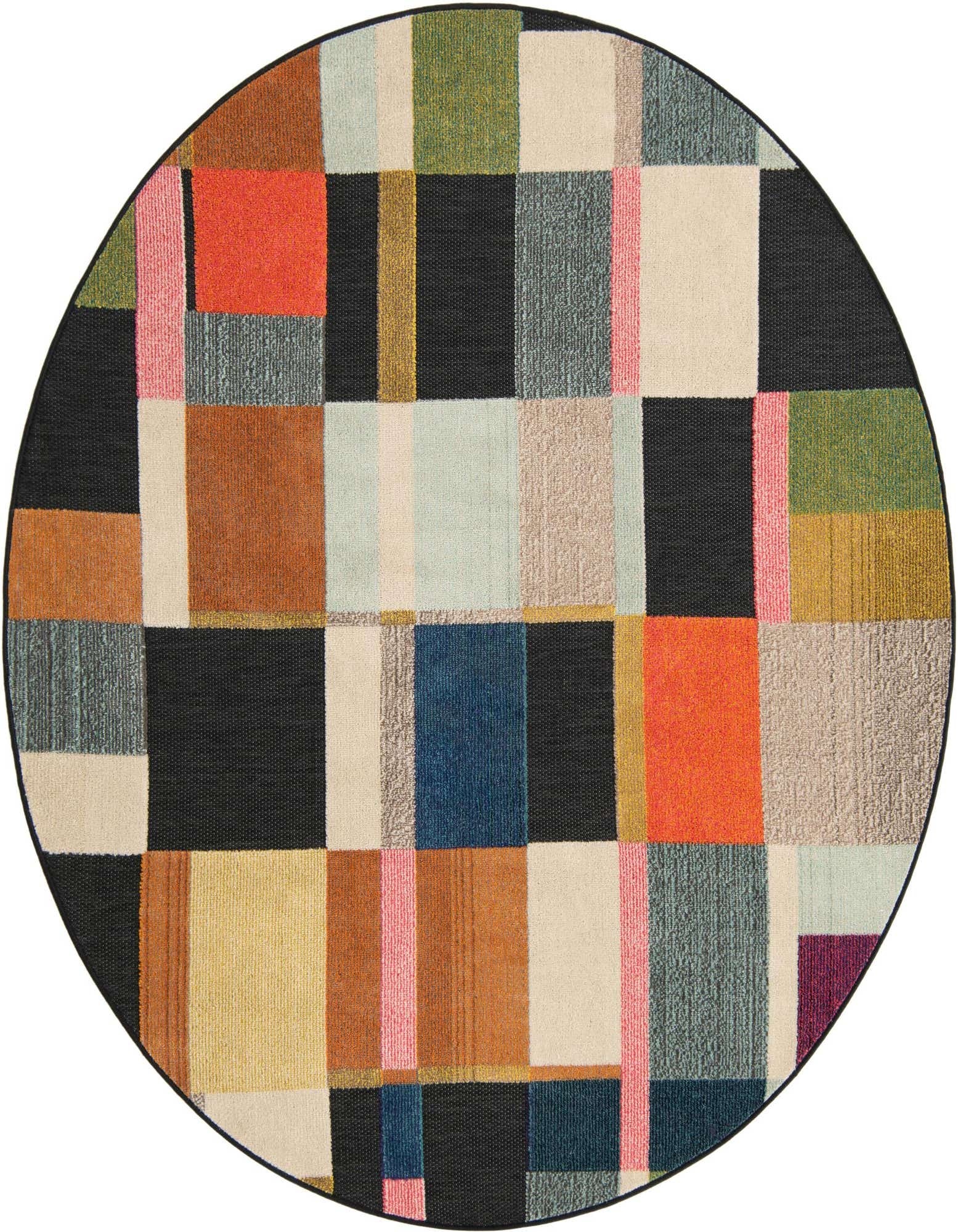 A 6' round multi-colored modern rug with a geometric block pattern in various shades of orange, blue, green, pink, and black.