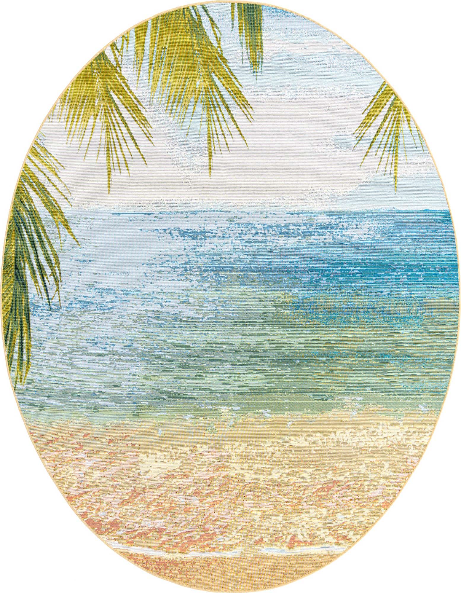 A round indoor/outdoor rug featuring a vibrant beach scene with blue ocean, sandy shore, and green palm fronds.