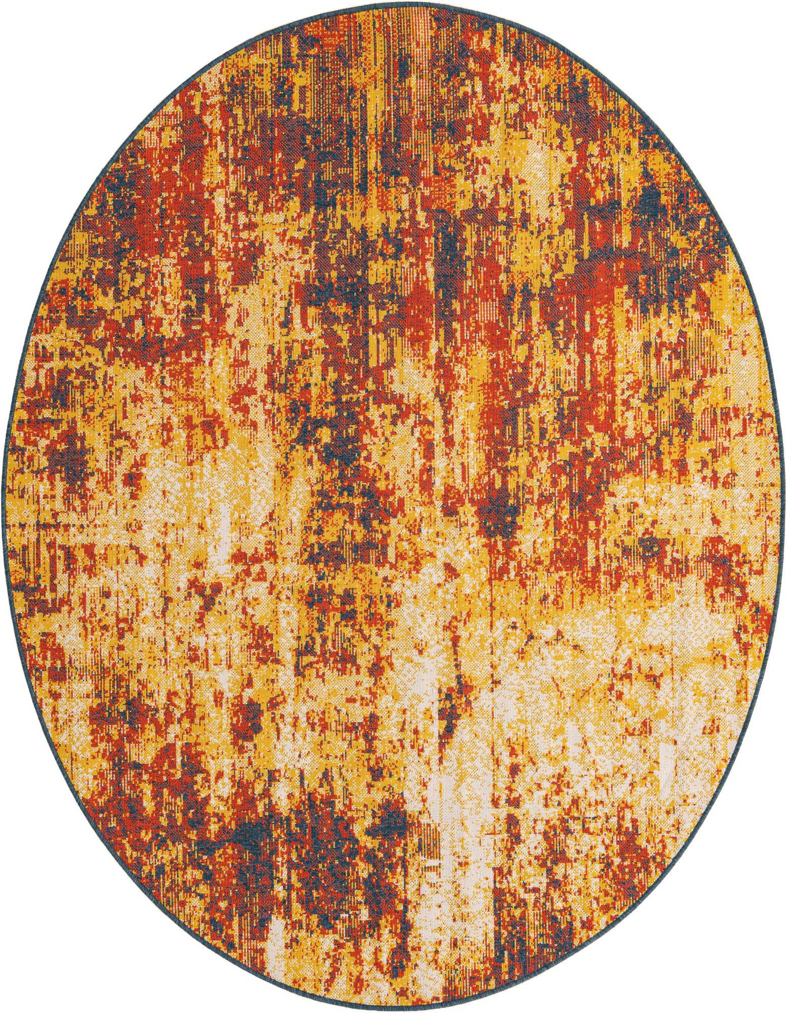 A 7' round multi-colored abstract rug with a vibrant mix of red, orange, yellow, and blue, suitable for indoor or outdoor use.