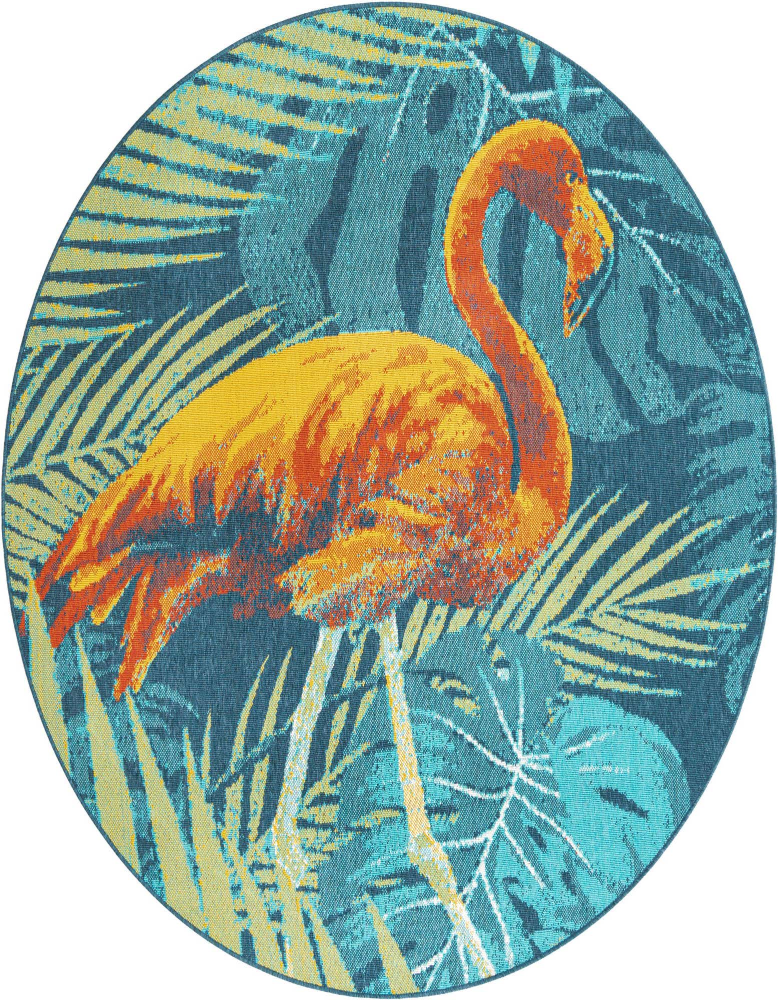 A vibrant round rug featuring a large orange flamingo amidst teal and yellow tropical leaves, perfect for a patio.