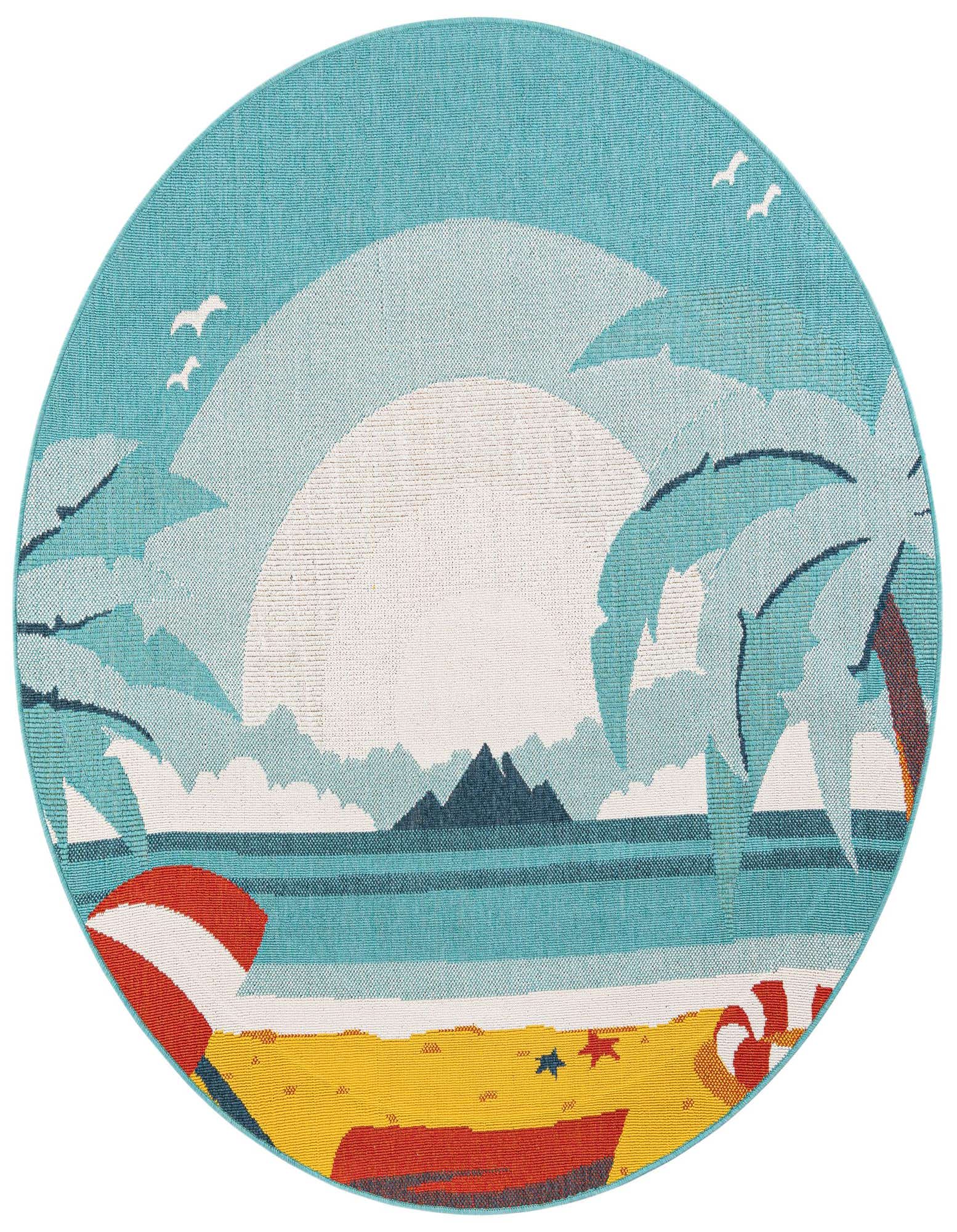 A round, multi-colored coastal rug featuring a beach scene with palm trees, ocean, sand, and a large sun.