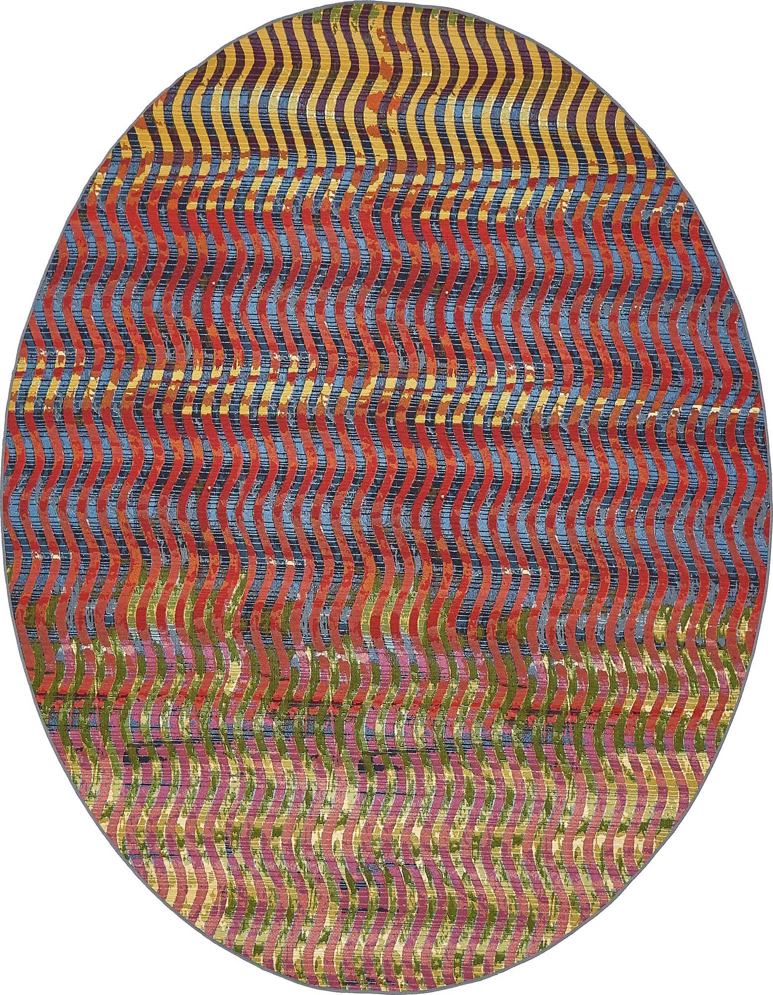 A vibrant multi-colored round rug with wavy stripes in red, blue, yellow, green, and pink, suitable for a patio.
