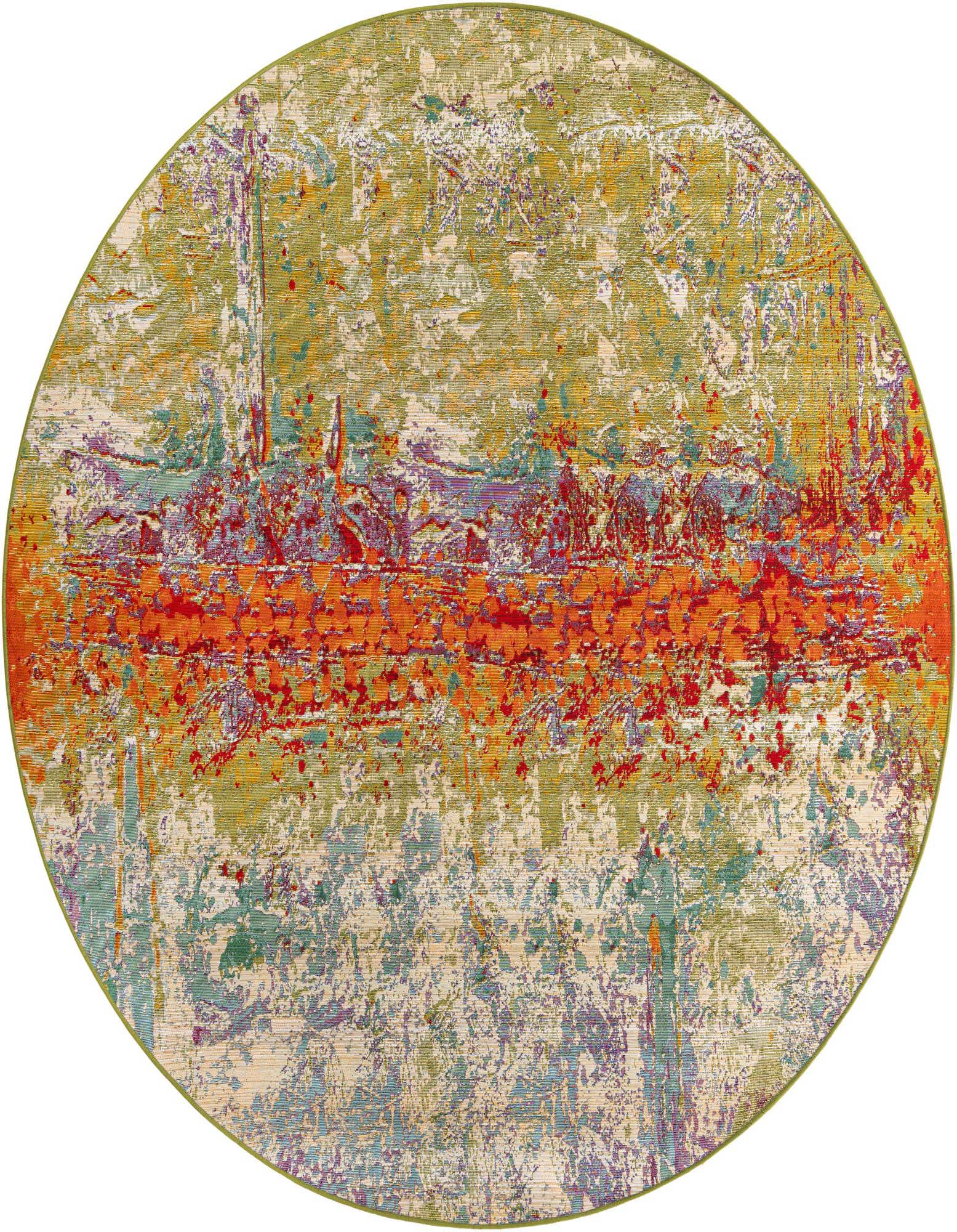 A vibrant 8' round multi-colored abstract rug with an orange and red central band, ideal for a patio.