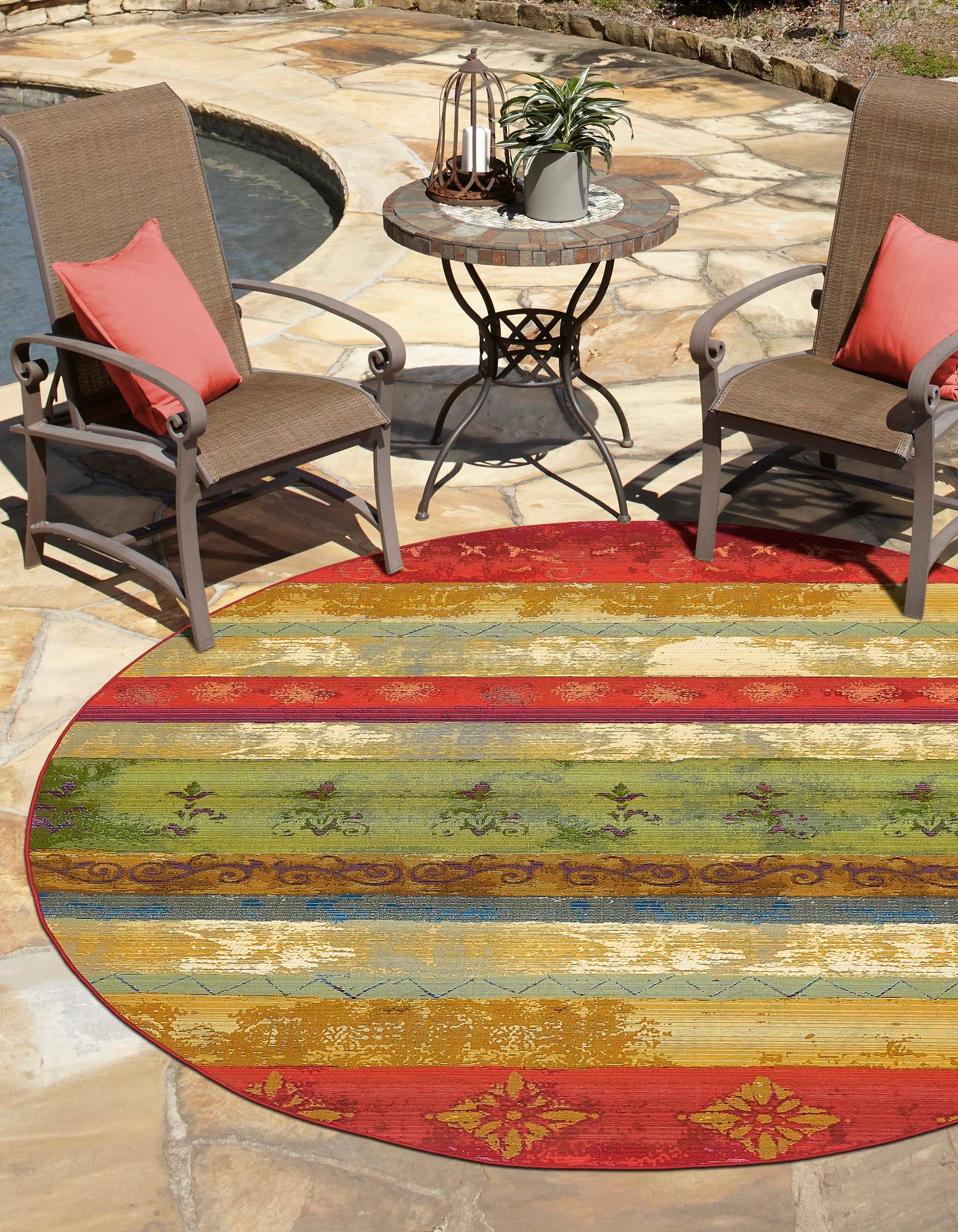 Multicolor 8' x 8' Modern Indoor / Outdoor Round Rug | Rugs.com