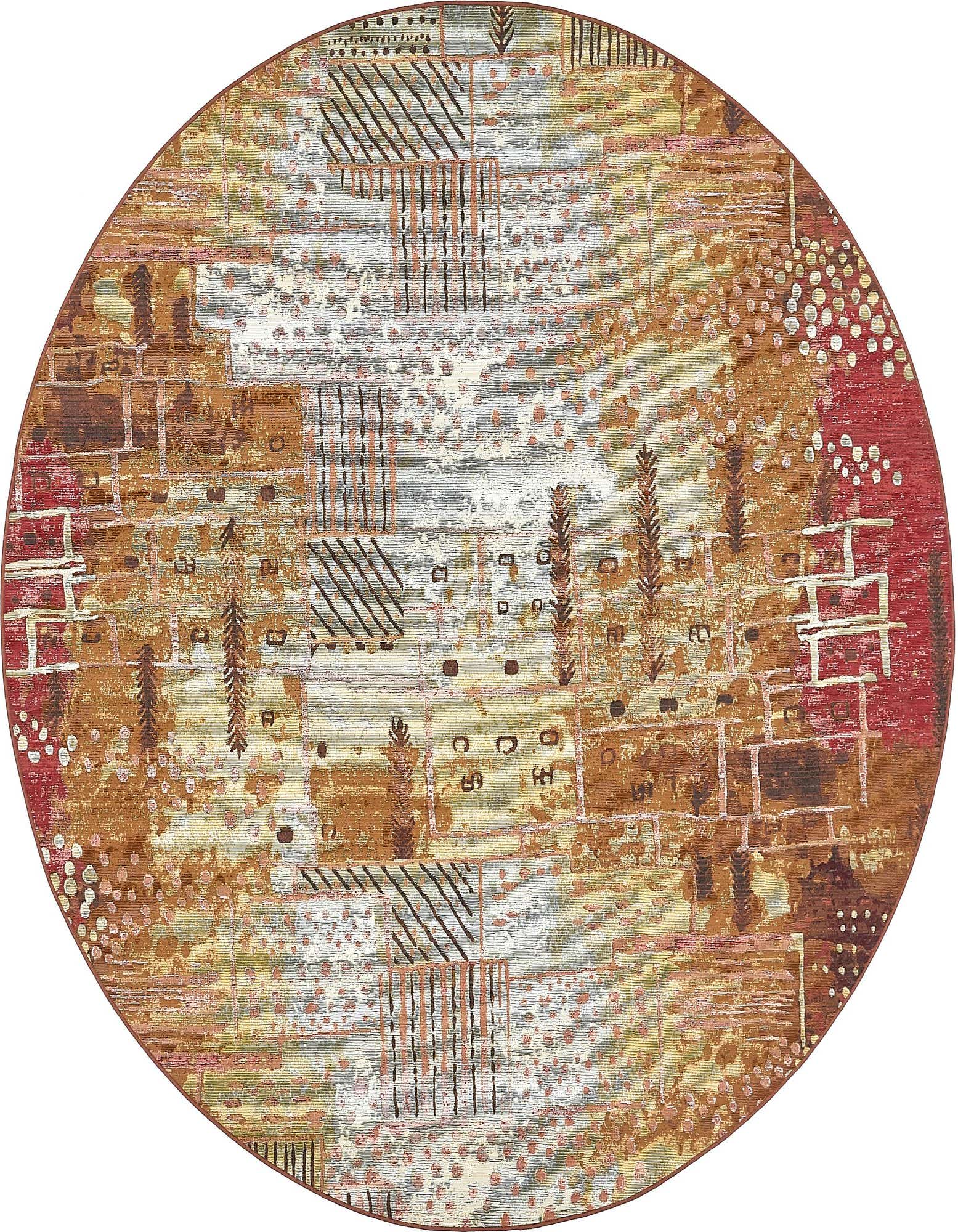 A multi-colored round rug featuring a bohemian modern abstract pattern with stripes and speckles in shades of brown, red, and gray.