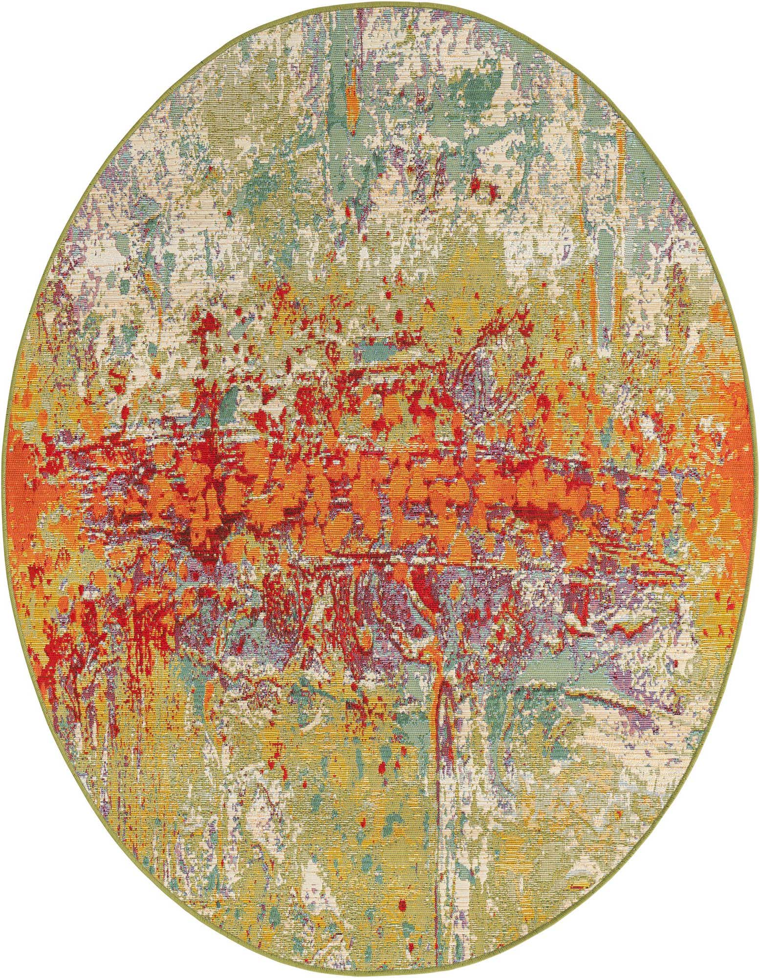 A vibrant 5' round multi-colored abstract rug with splashes of orange, red, green, and yellow, ideal for a patio.