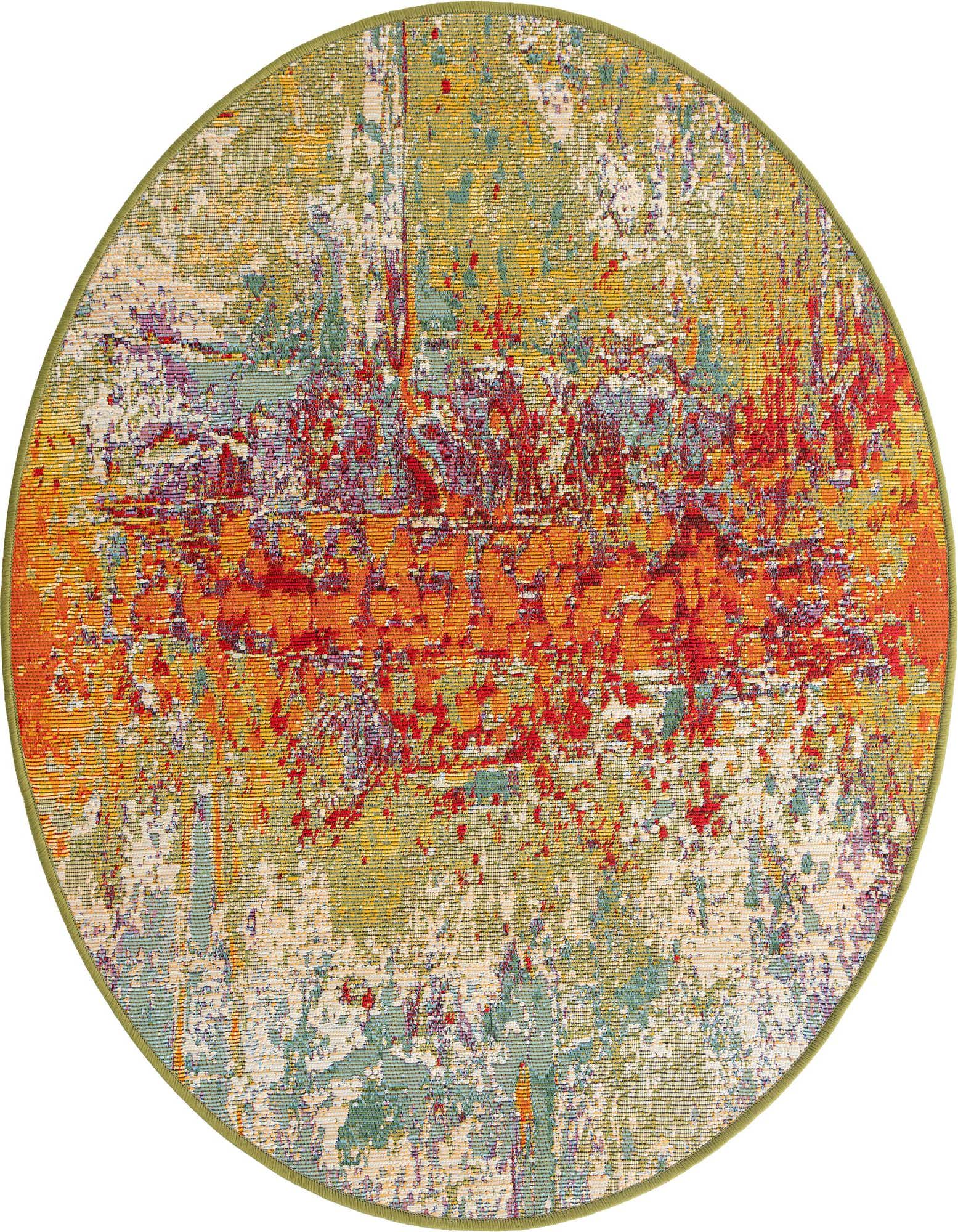 A vibrant multi-colored round rug with an abstract, painterly design, featuring shades of orange, red, green, and yellow.