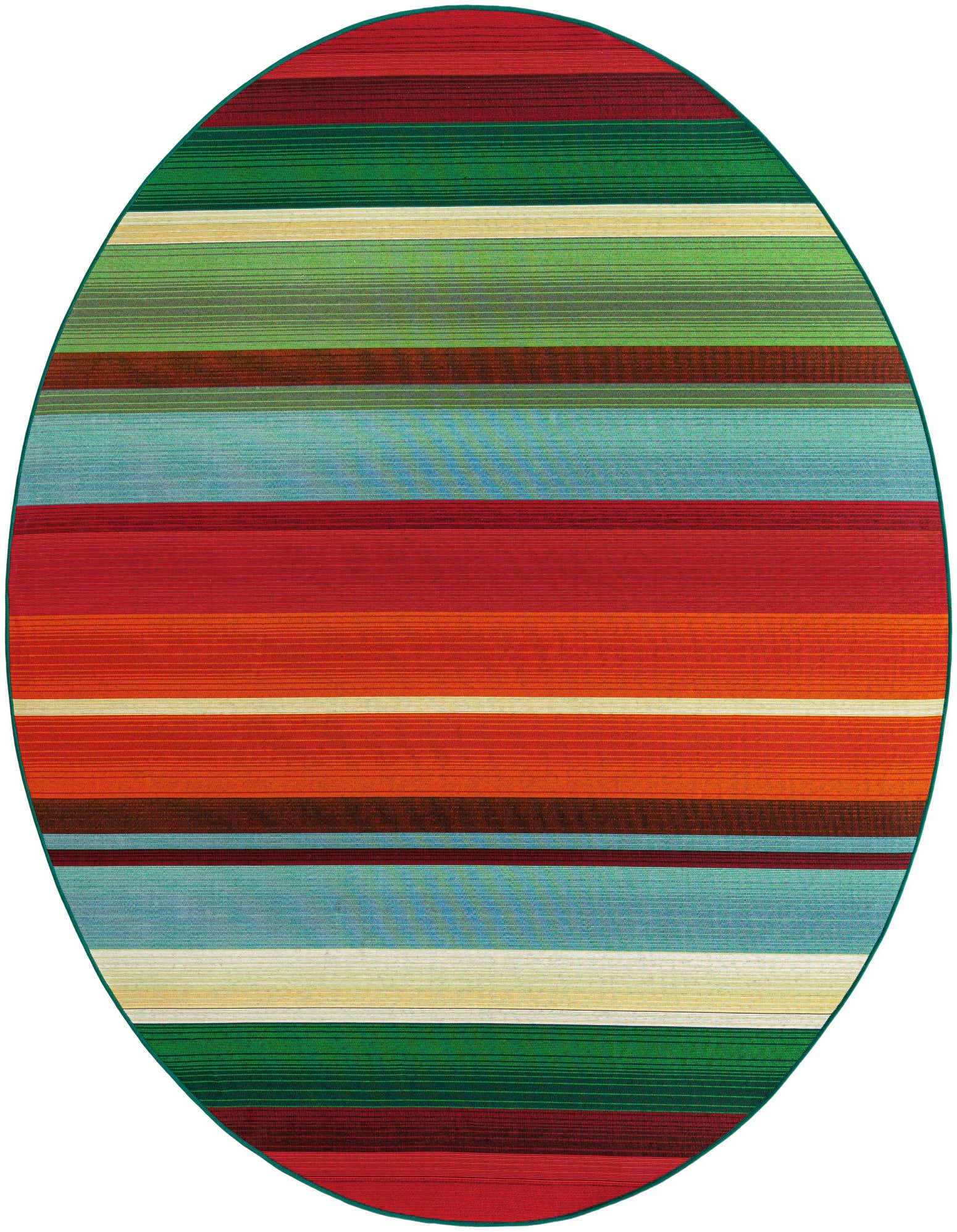 A vibrant 7' 10 round multi-colored striped rug, featuring bold red, orange, blue, green, and cream bands, ideal for a patio or indoor space.