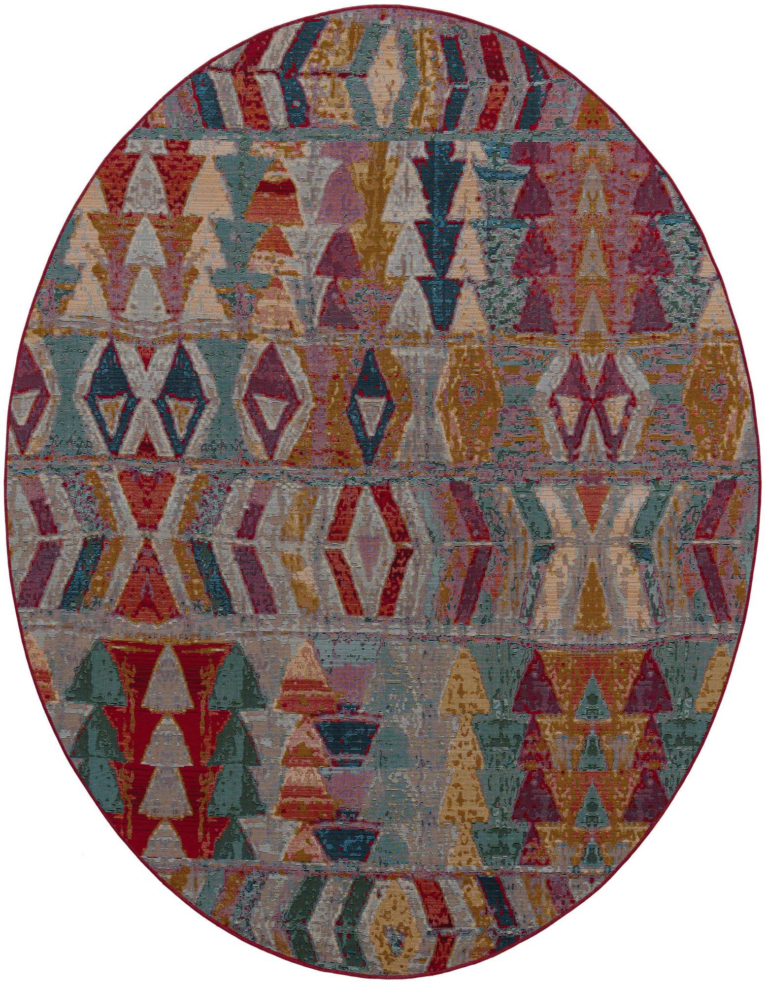 A vibrant multi-colored round rug with a Southwestern tribal pattern featuring geometric shapes in shades of red, blue, green, and gold.