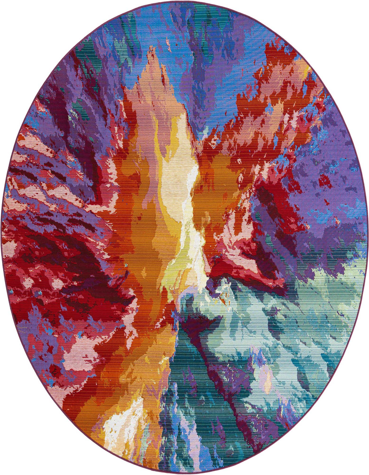 A vibrant 7' 10 round multi-colored rug with a modern abstract tropical pattern, ideal for a patio.