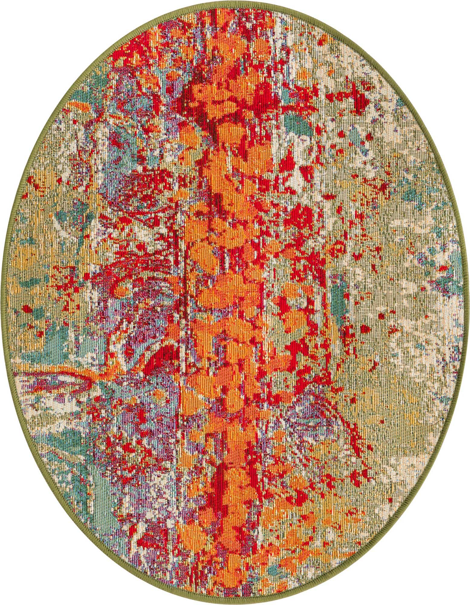 A vibrant 2' 7 x 2' 7 round multi-colored abstract rug with splashes of orange, red, and green, suitable for indoor or outdoor use.