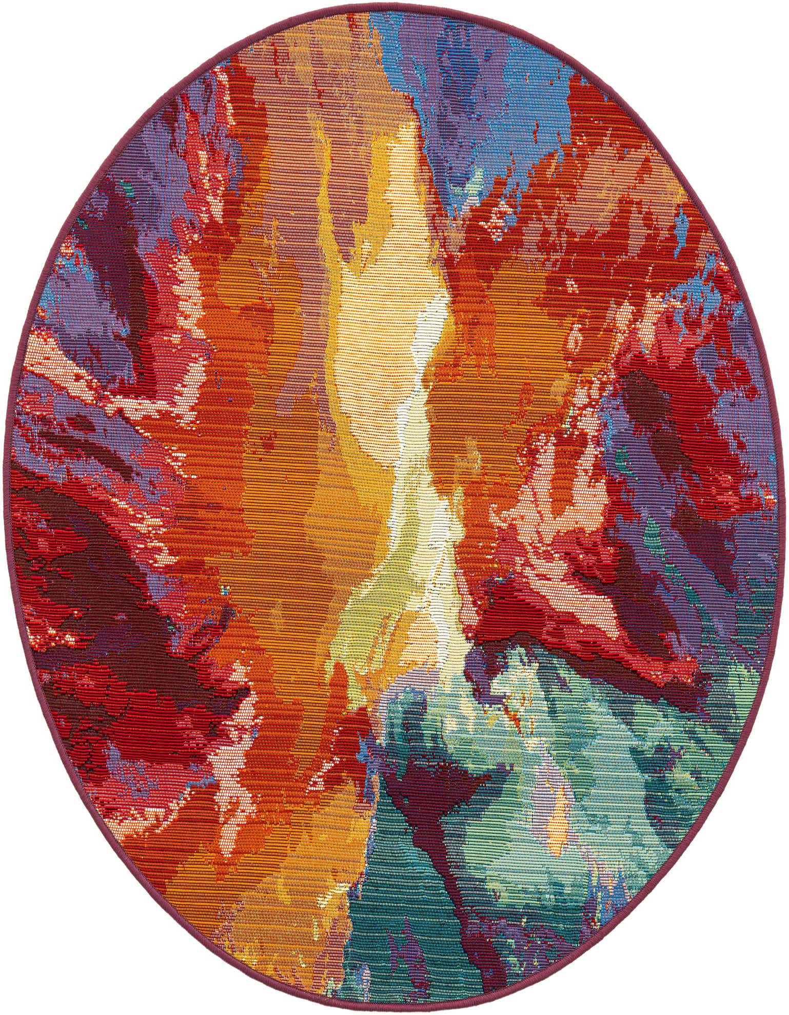 A vibrant 3' round multi-colored abstract rug with a textured flatweave, suitable for indoor or outdoor use.