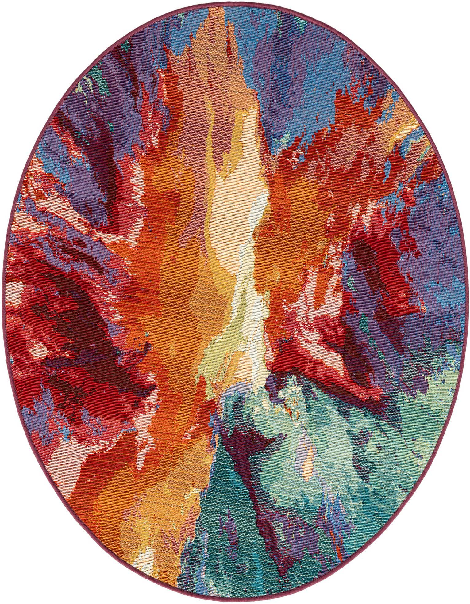 A vibrant 4' round multi-colored abstract rug with a mix of red, orange, blue, and green hues, ideal for indoor or outdoor spaces.