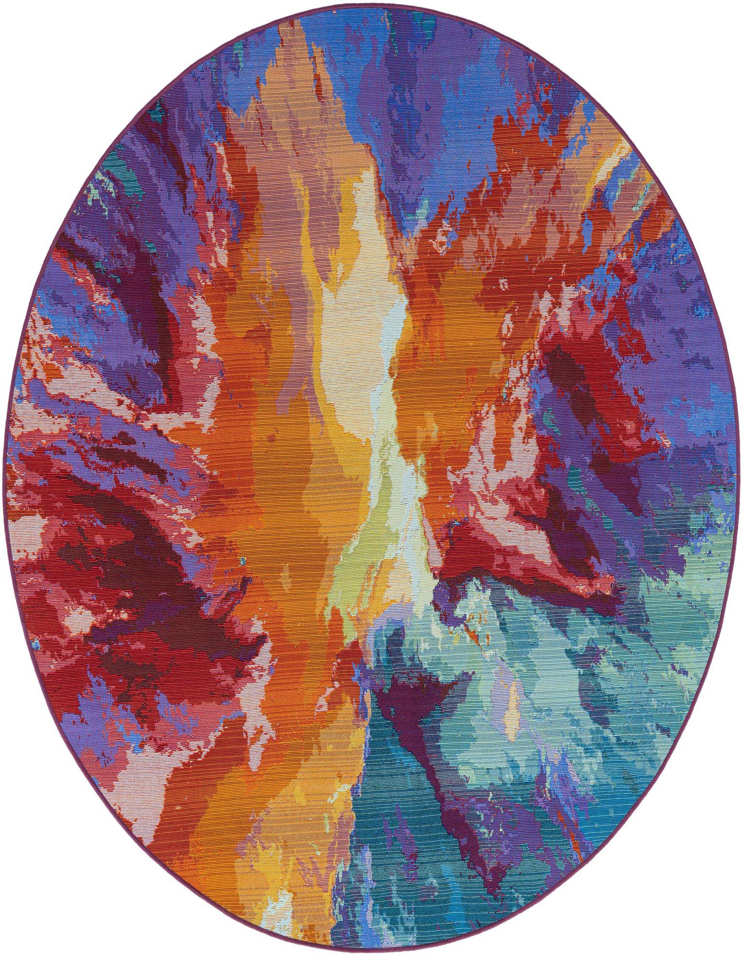 A vibrant 6' round multi-colored abstract rug with a flatweave texture, suitable for indoor or outdoor use.