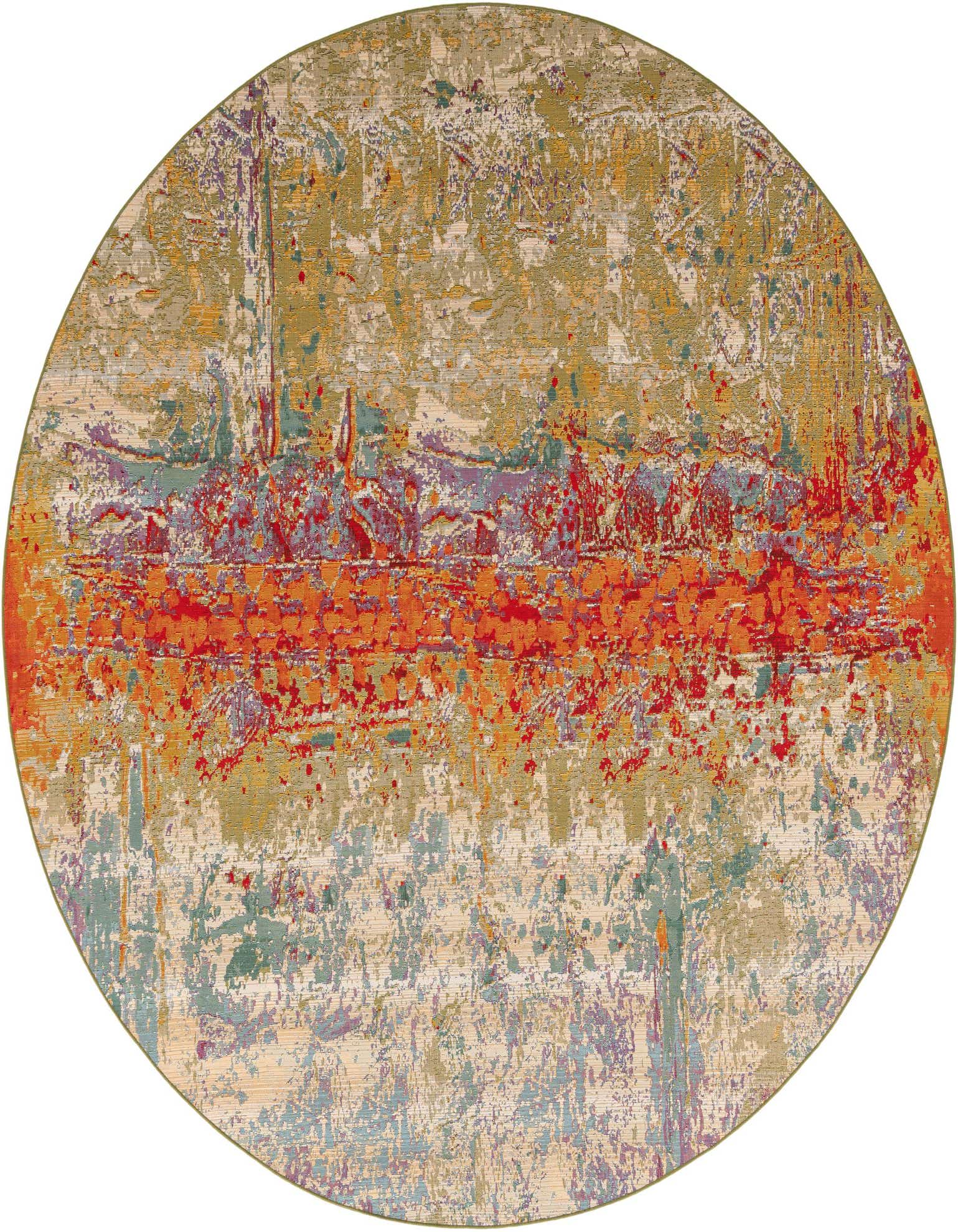 A 10' round multi-colored abstract rug with a vibrant orange and red stripe across the center, suitable for indoor or outdoor use.