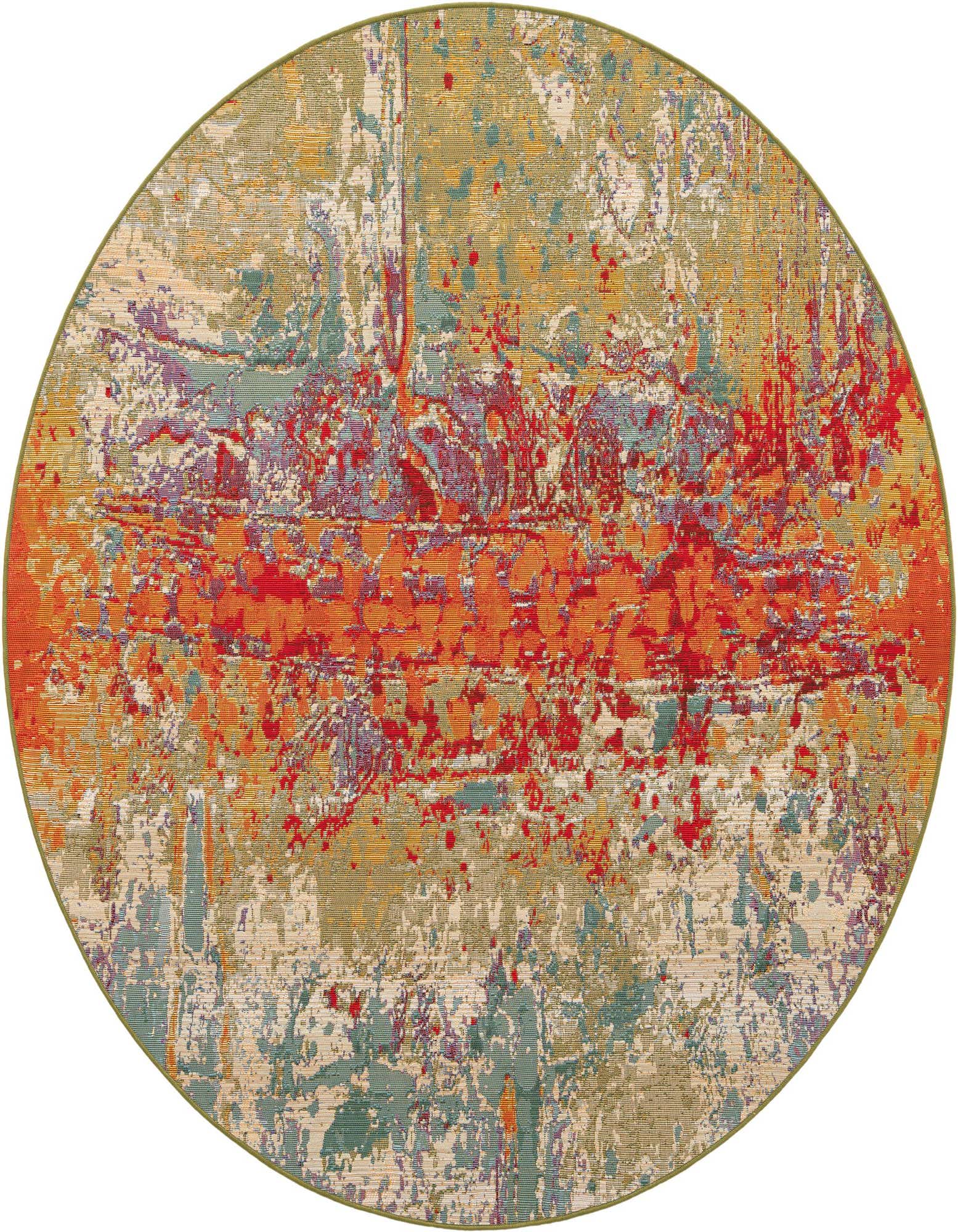 A 6' round multi-colored abstract rug with vibrant orange, red, and teal tones, suitable for indoor or outdoor use.