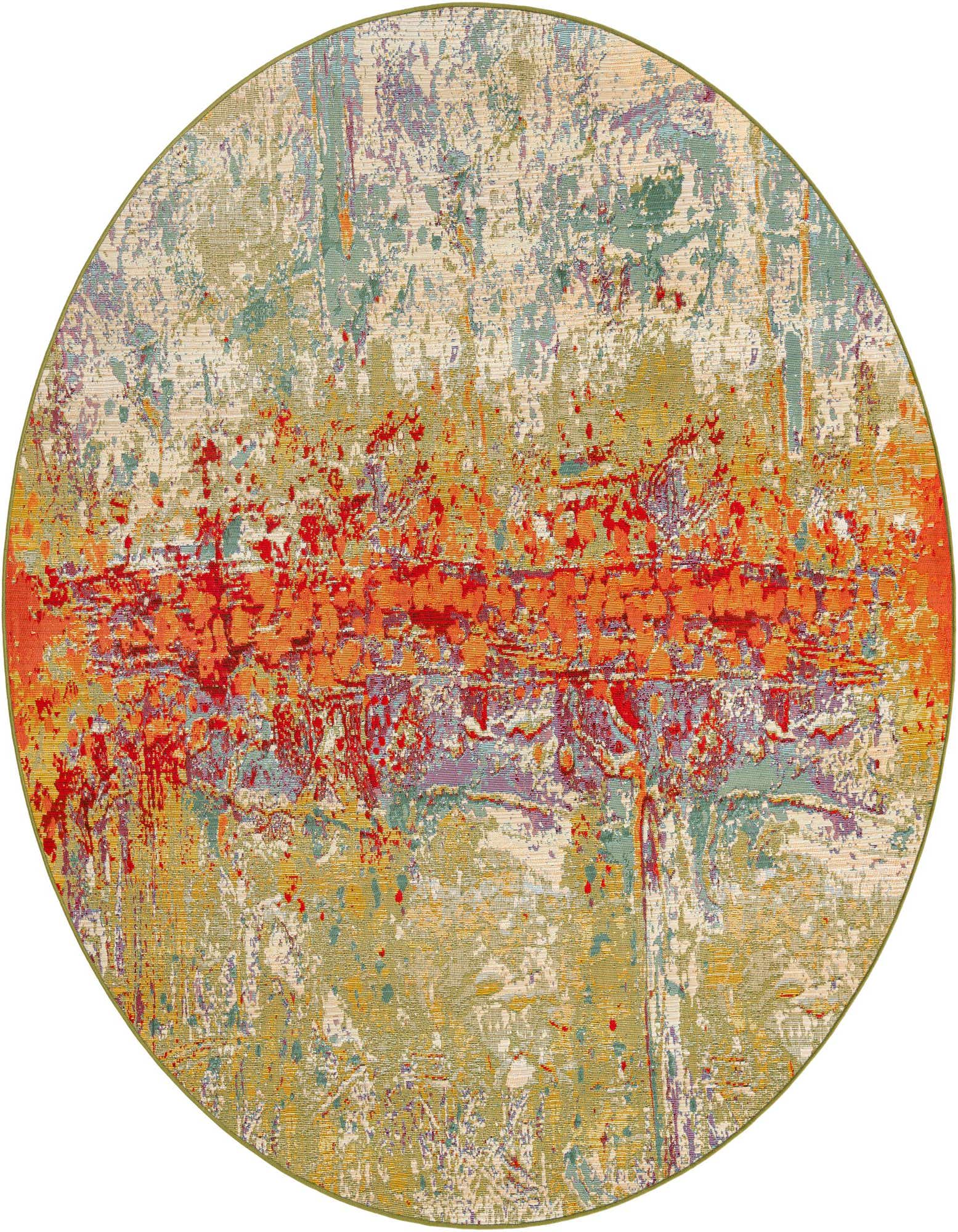 A 7-foot round multi-colored abstract rug featuring an orange and red central band with splashes of green, purple, and beige.