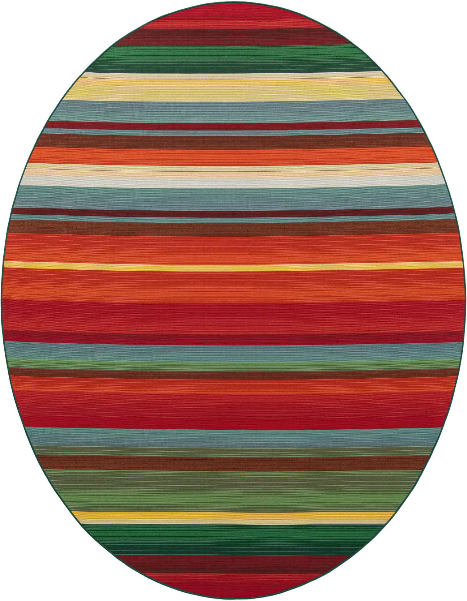 A 10-foot round multi-colored striped flatweave rug, featuring vibrant reds, oranges, yellows, greens, and blues, suitable for indoor or outdoor use.