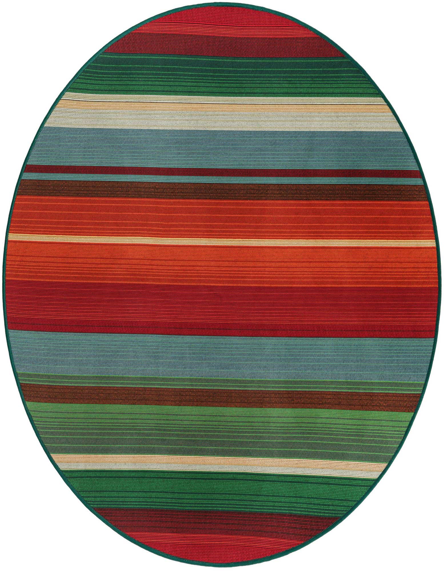 A 4' round multi-colored striped rug with vibrant red, orange, green, and blue bands, perfect for a patio.