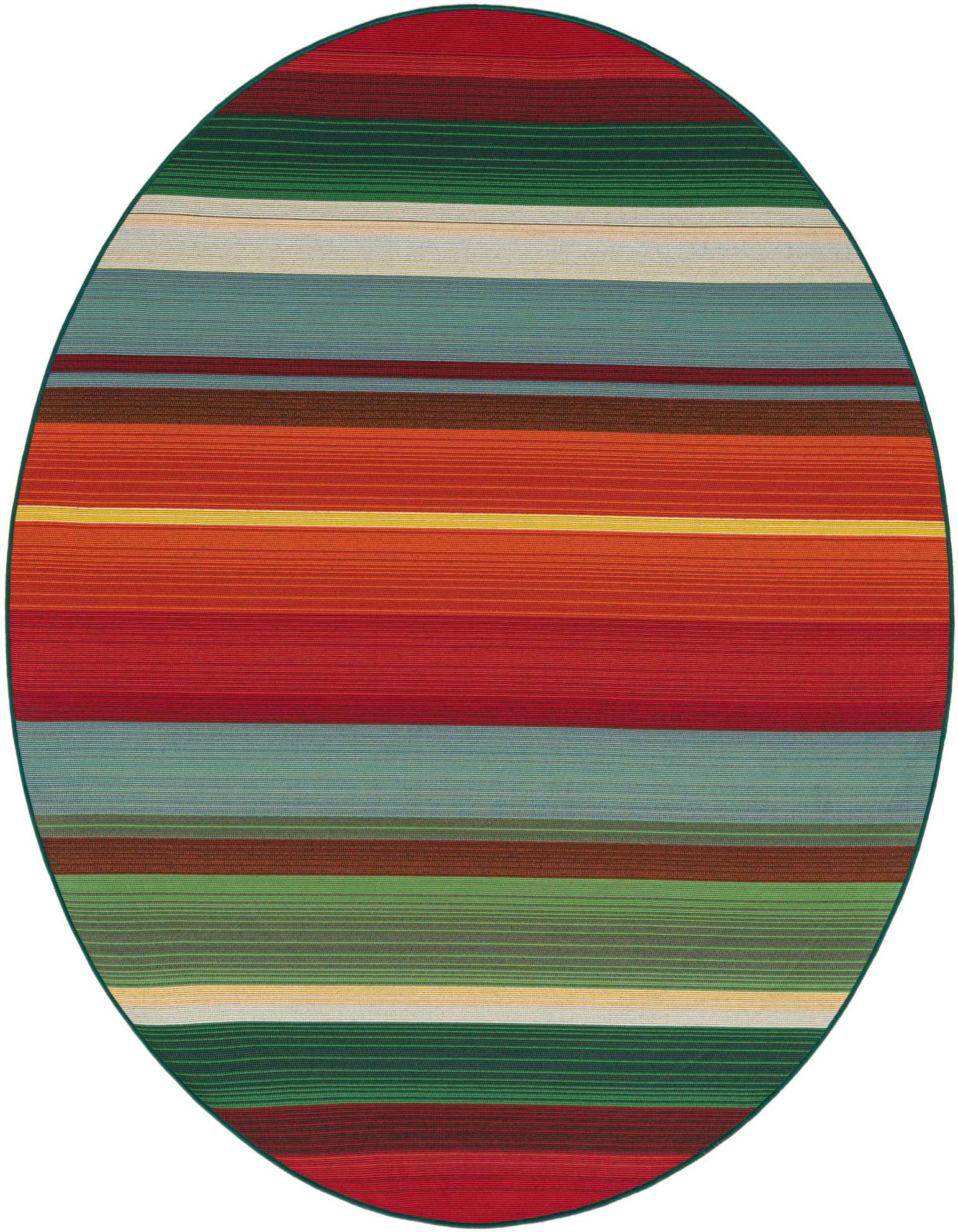 A 6' round multi-colored striped flatweave rug, featuring vibrant red, orange, green, and blue hues, suitable for indoor or outdoor use.