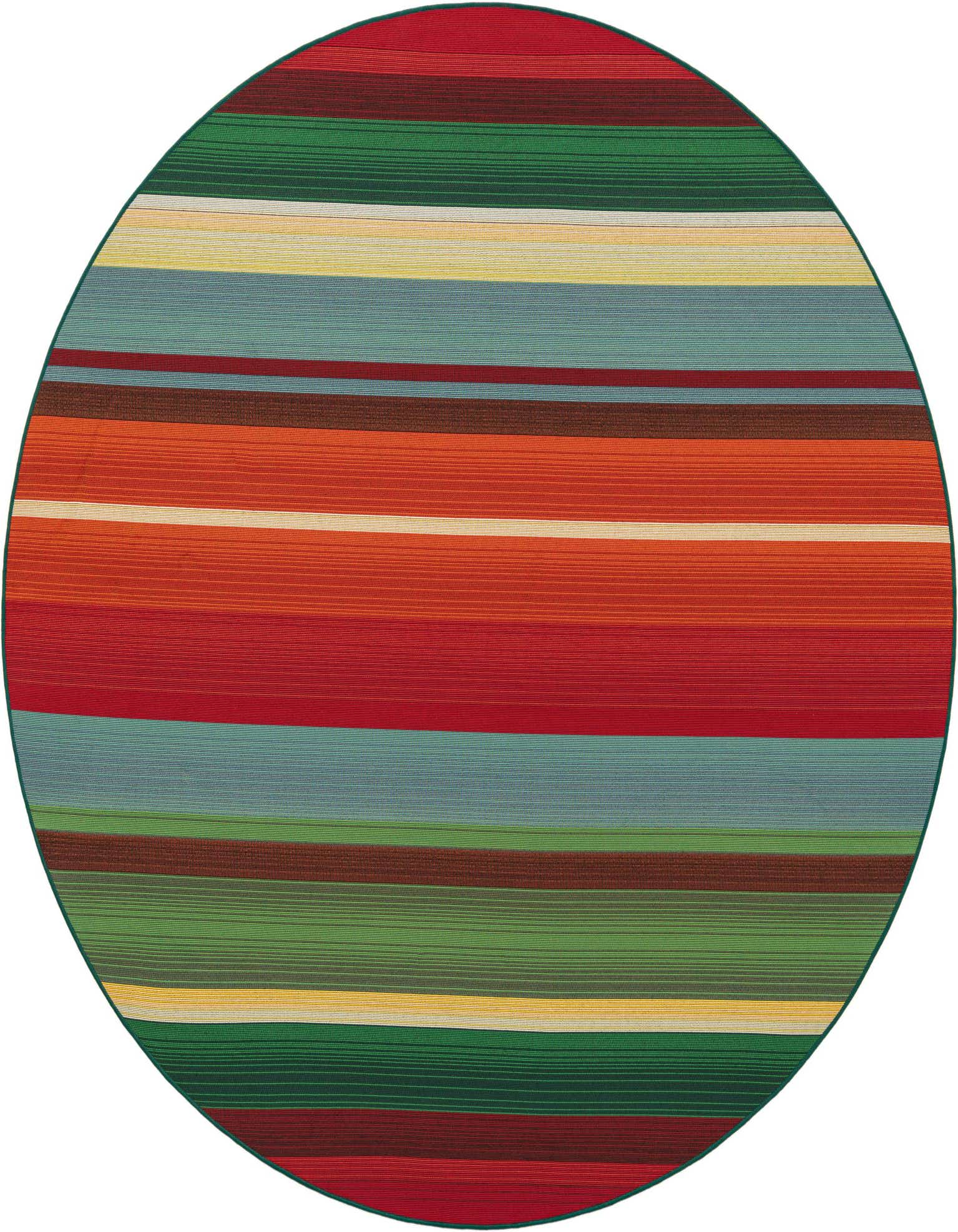 A 7' round multi-colored striped rug from the Outdoor Modern collection, featuring vibrant horizontal bands of red, orange, green, blue, and yellow.