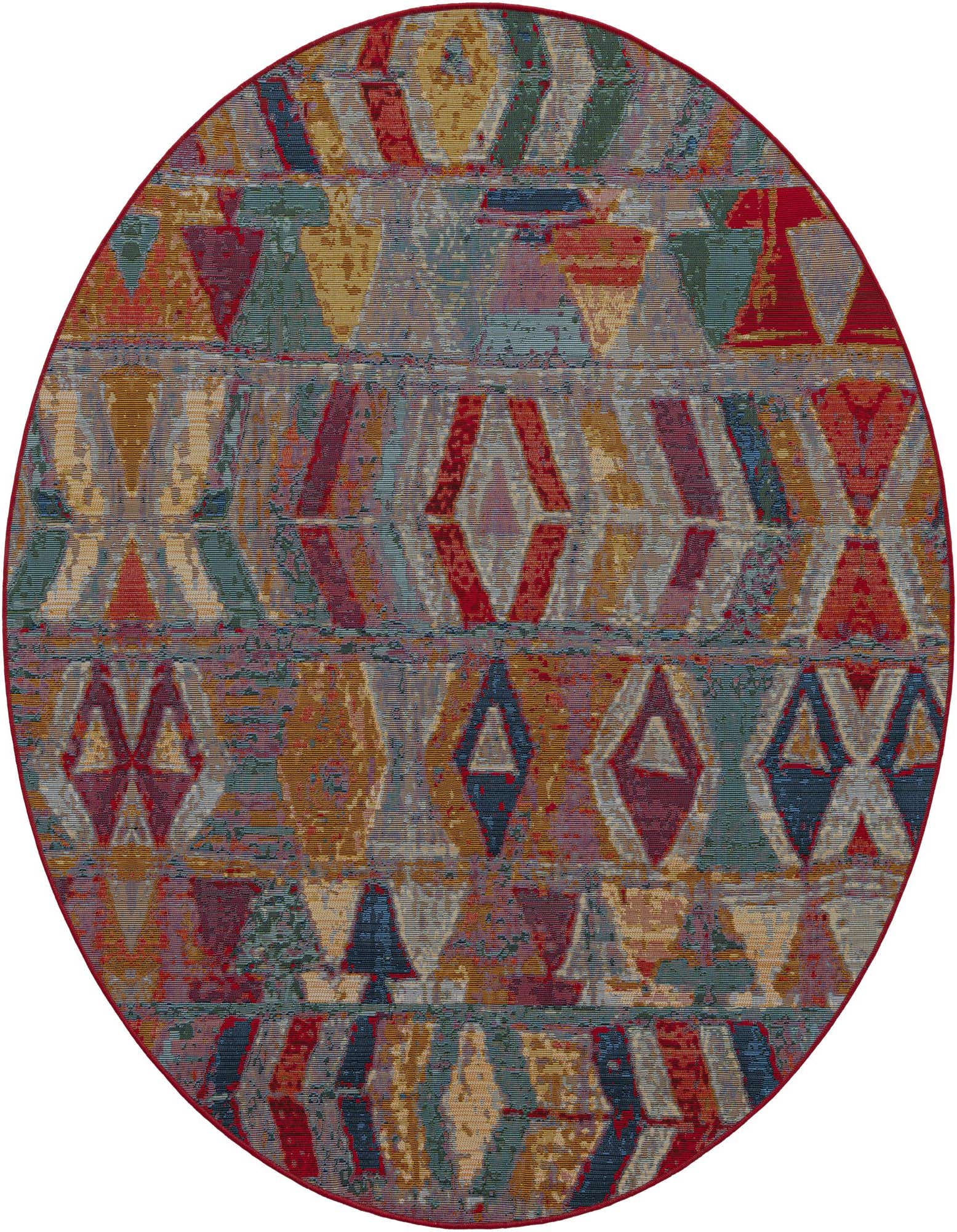 A 6' round multi-colored Southwestern rug with abstract geometric patterns in red, blue, gold, and grey, suitable for indoor or outdoor use.