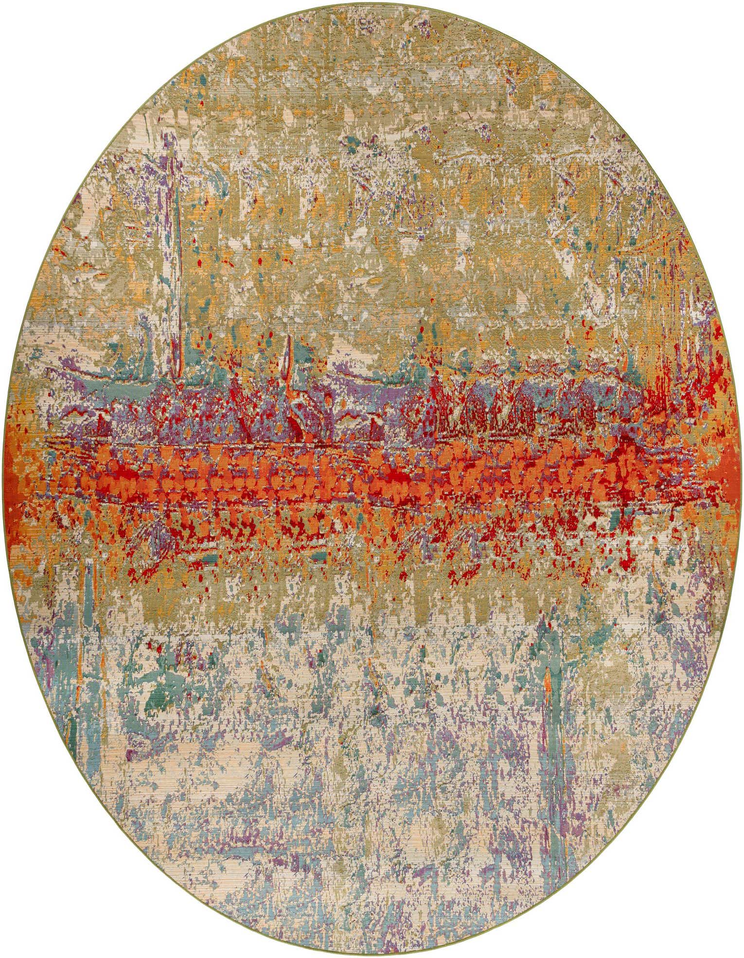 A 12-foot round multi-colored abstract rug with a vibrant orange stripe, ideal for a patio or indoor space.