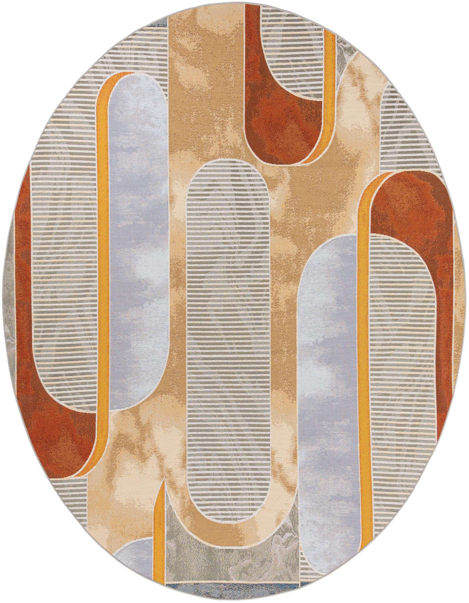 A round, multi-colored contemporary rug featuring abstract shapes in shades of orange, grey, and beige, with some sections having horizontal lines.