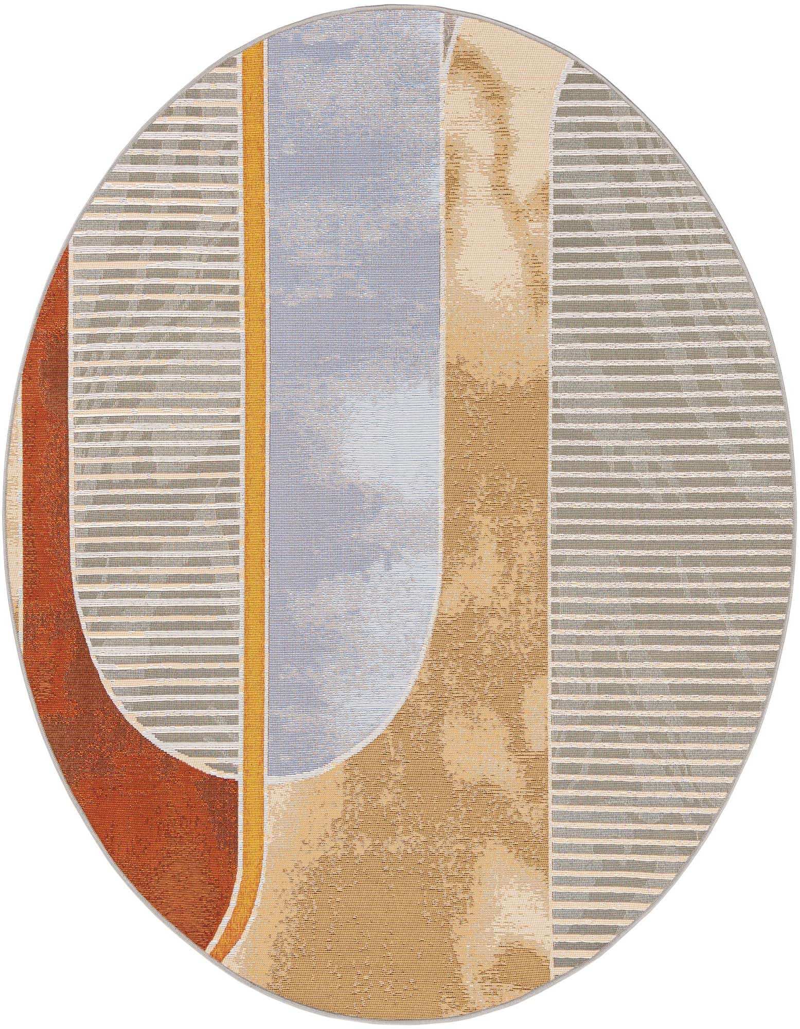 A 6' 1 x 6' 1 round multi-colored contemporary rug with abstract shapes and stripes, suitable for a patio.
