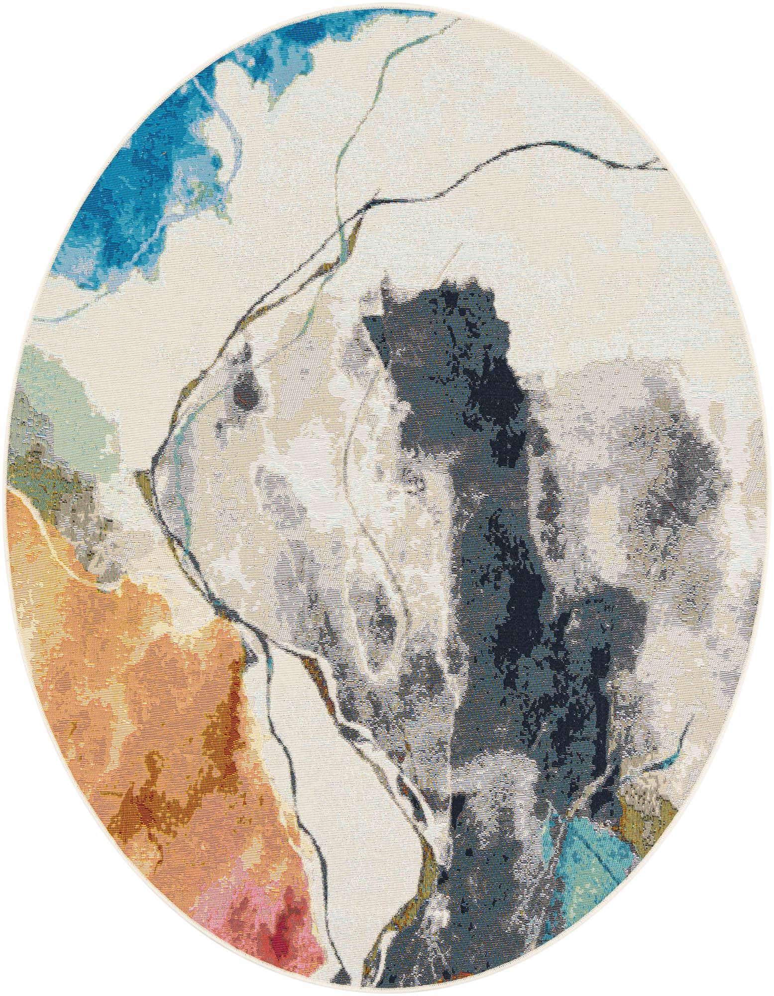 A 6'1" round multi-colored abstract rug with shades of blue, orange, and gray on a cream background.