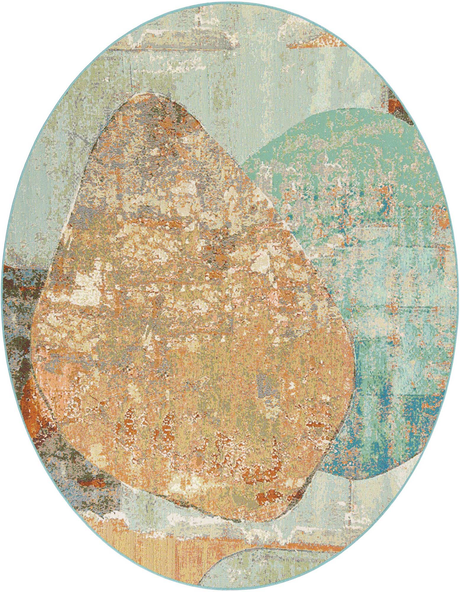 A round, multi-colored abstract rug featuring large, organic shapes in distressed orange, gold, and teal tones on a light blue background.