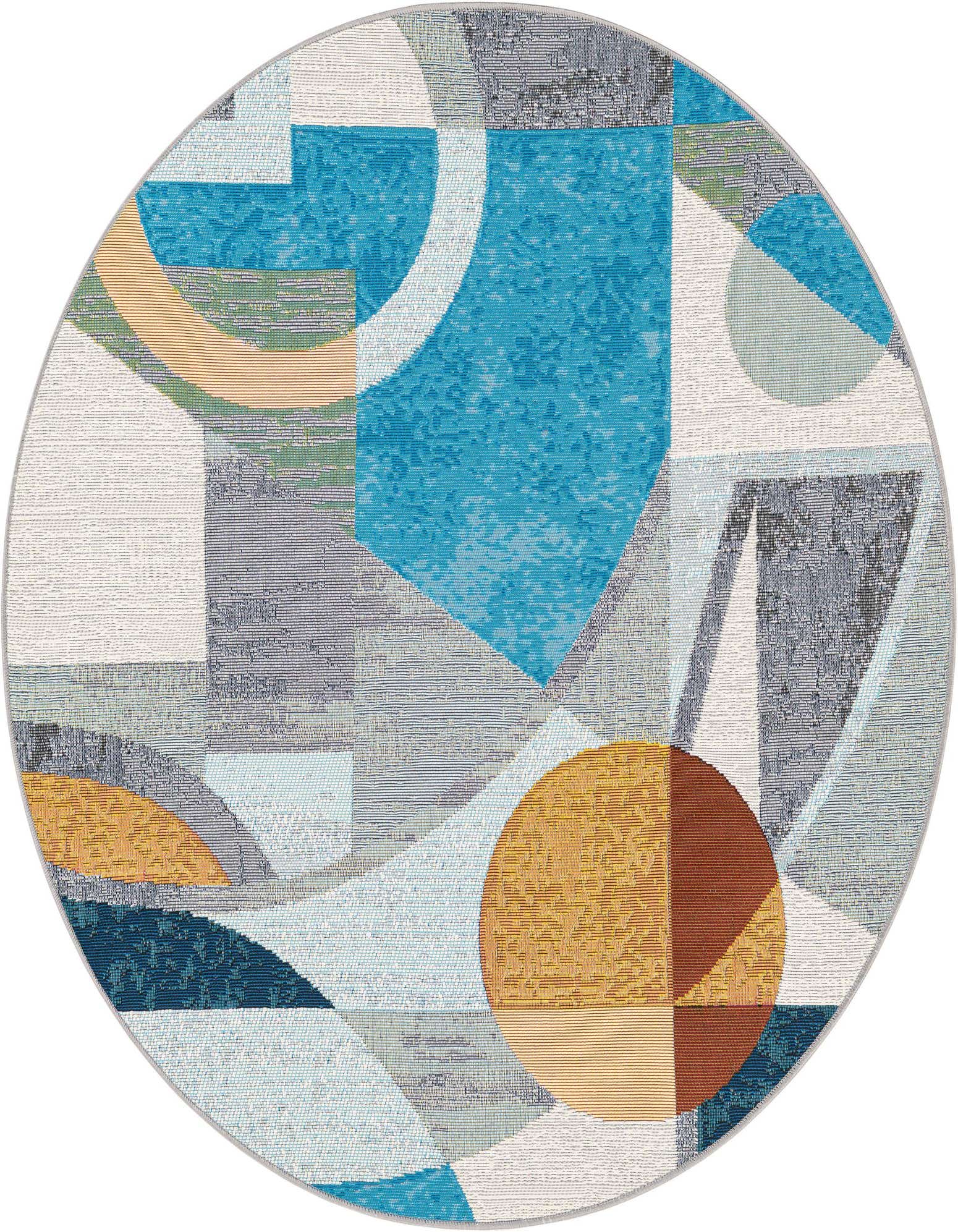 A 4'1" round multi-colored abstract rug with geometric shapes in blues, grays, whites, and oranges, suitable for a patio.