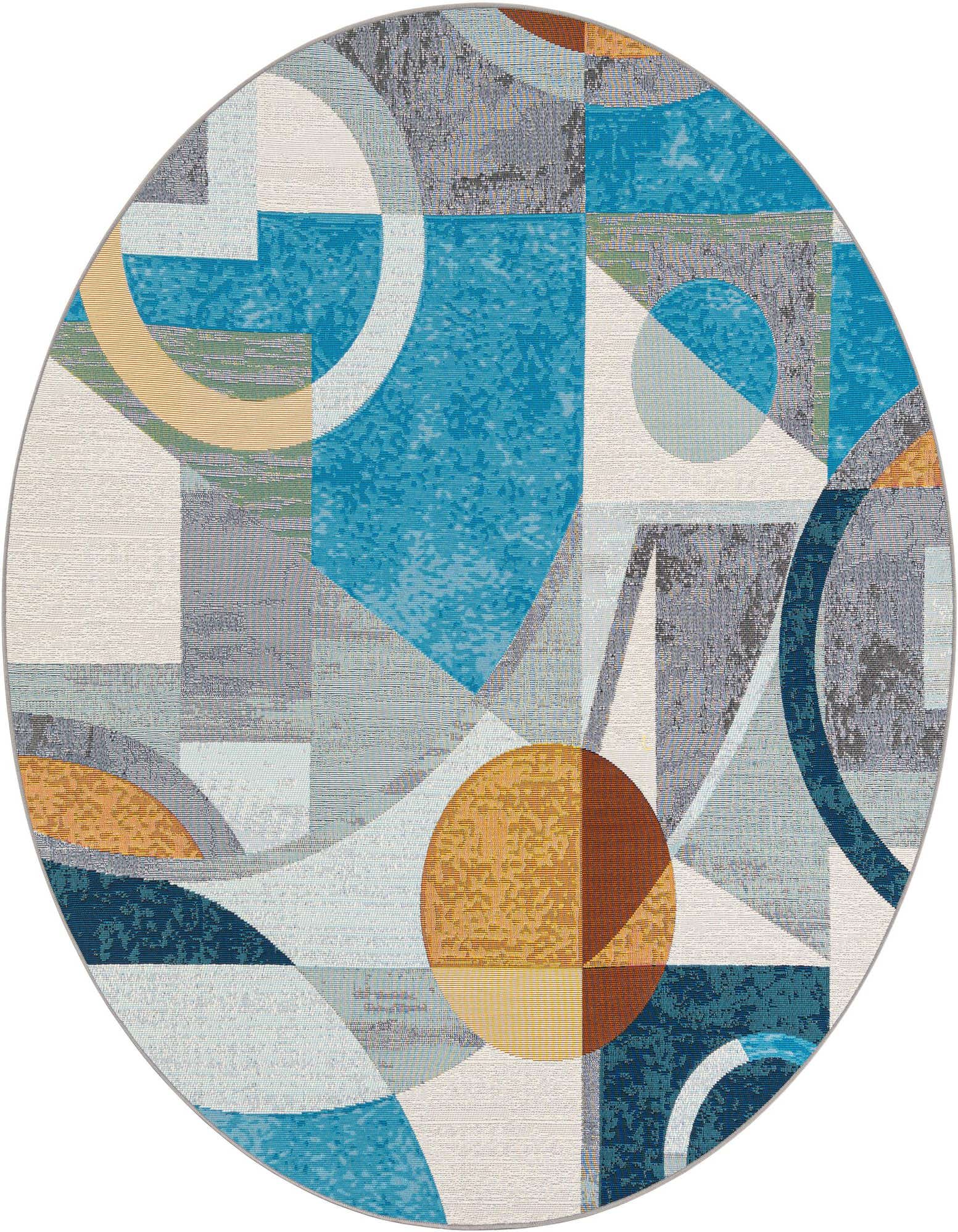 A 6' 1 x 6' 1 round multi-colored modern abstract rug with geometric shapes in blues, grays, and oranges, suitable for indoor or outdoor use.