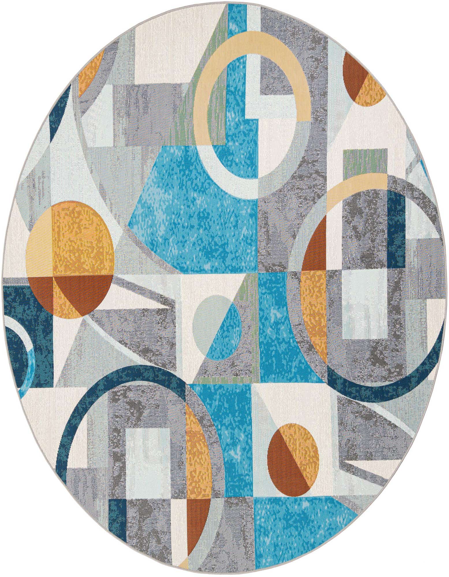 A 7' 10 round multi-colored rug with a contemporary abstract pattern featuring various geometric shapes in shades of blue, orange, gray, and white.