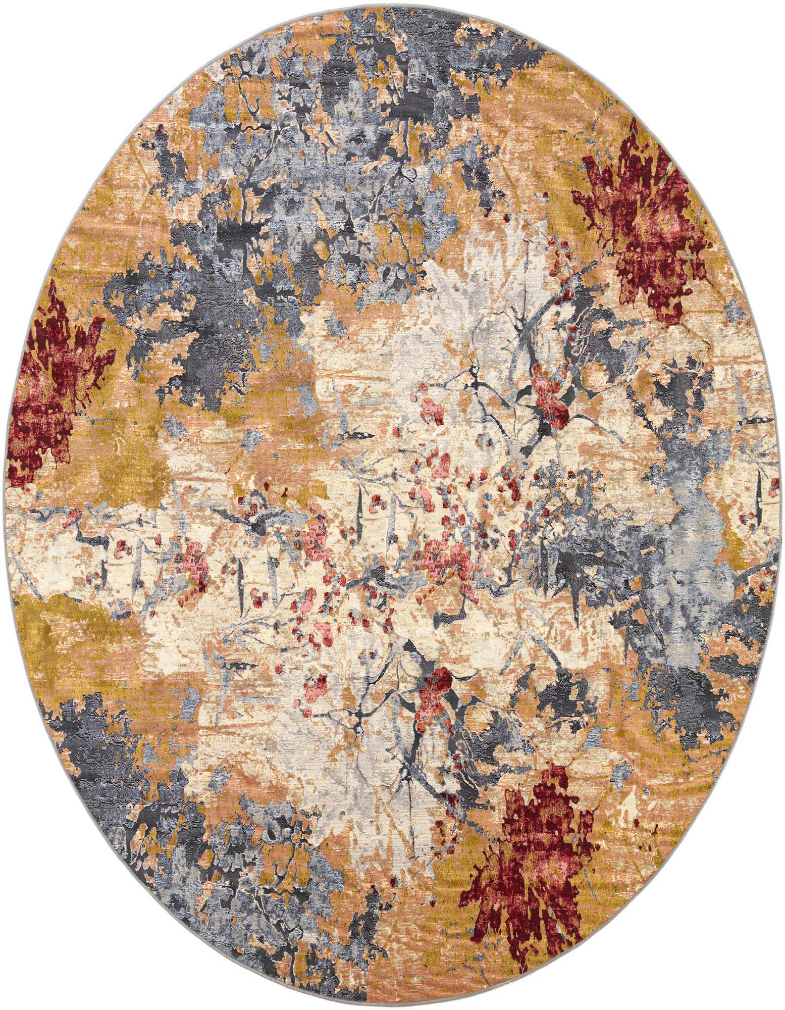 A 10' round multi-colored modern abstract rug with a vibrant floral and tree branch pattern in gold, rust, blue, and cream.