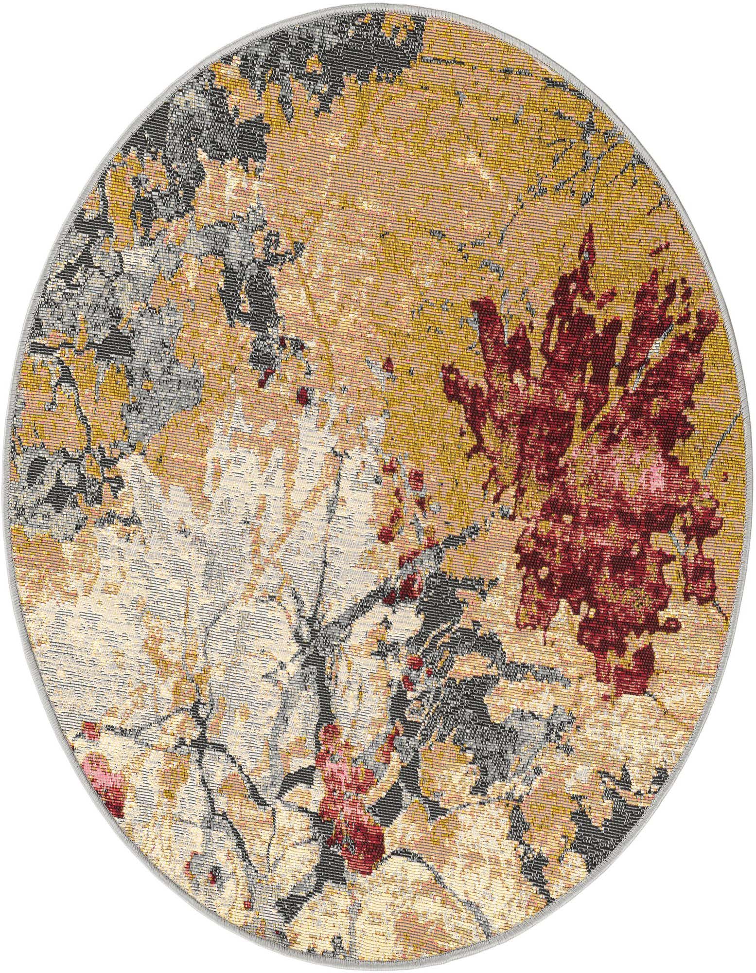 A 3' 3 x 3' 3 round multi-colored modern floral rug with a textured flatweave pile, suitable for indoor or outdoor use.