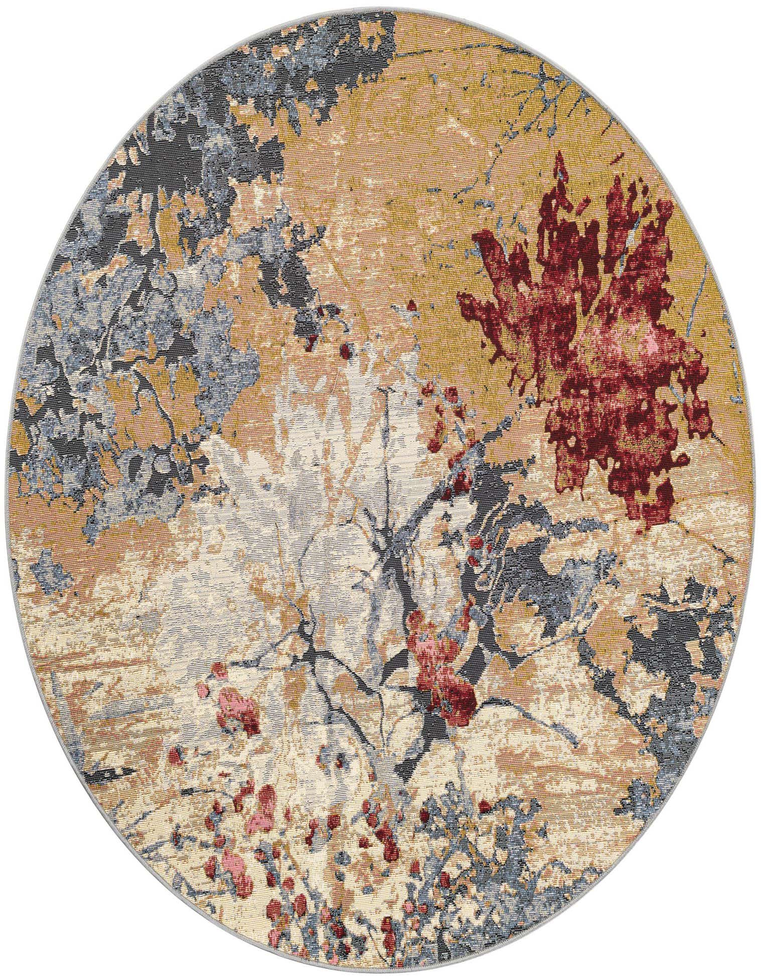 A 5' 3 round multi-colored modern floral rug with abstract red, gold, blue, and cream patterns, suitable for a patio.