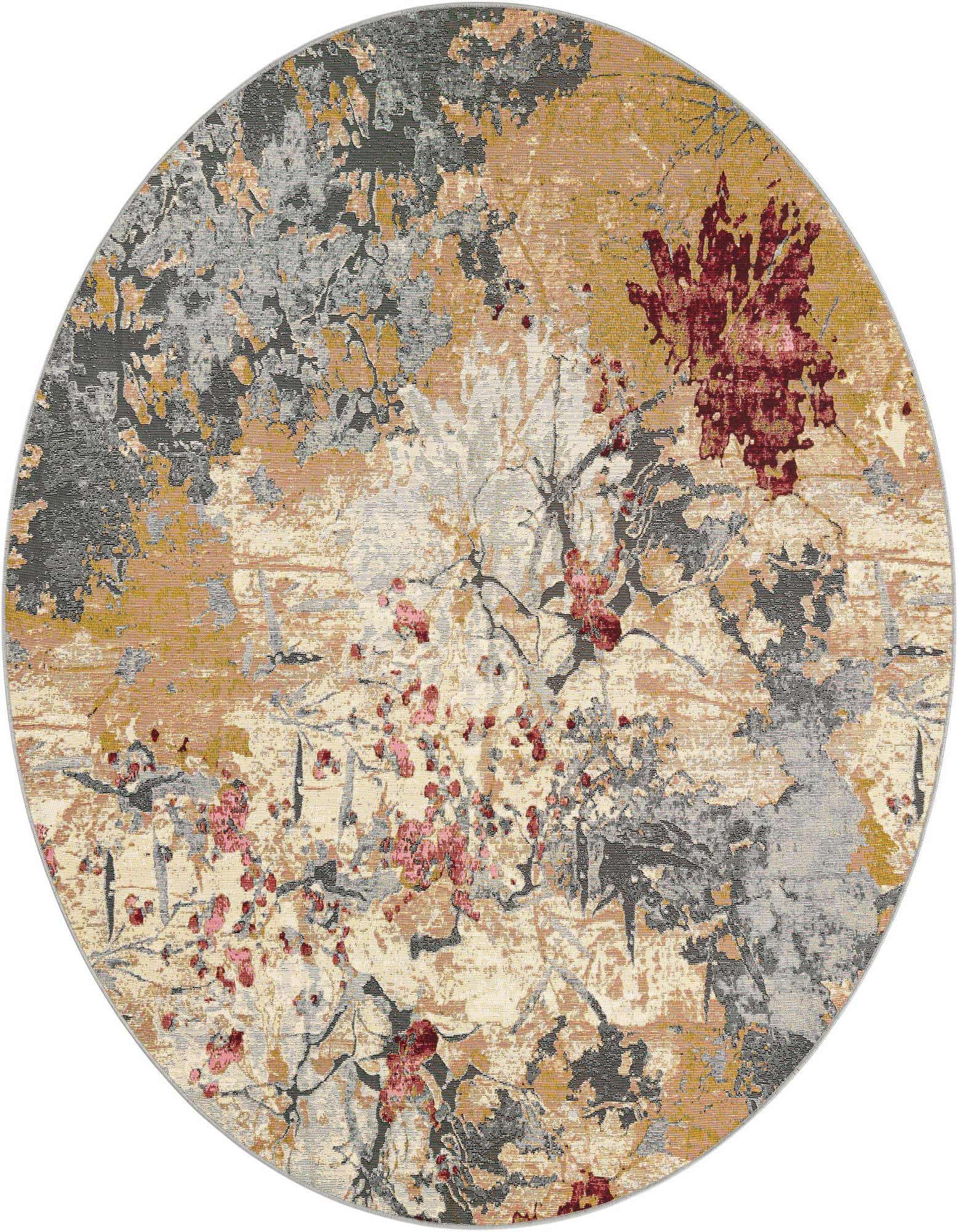 A round, multi-colored abstract rug featuring shades of gold, grey, cream, and deep red floral bursts, suitable for a patio.