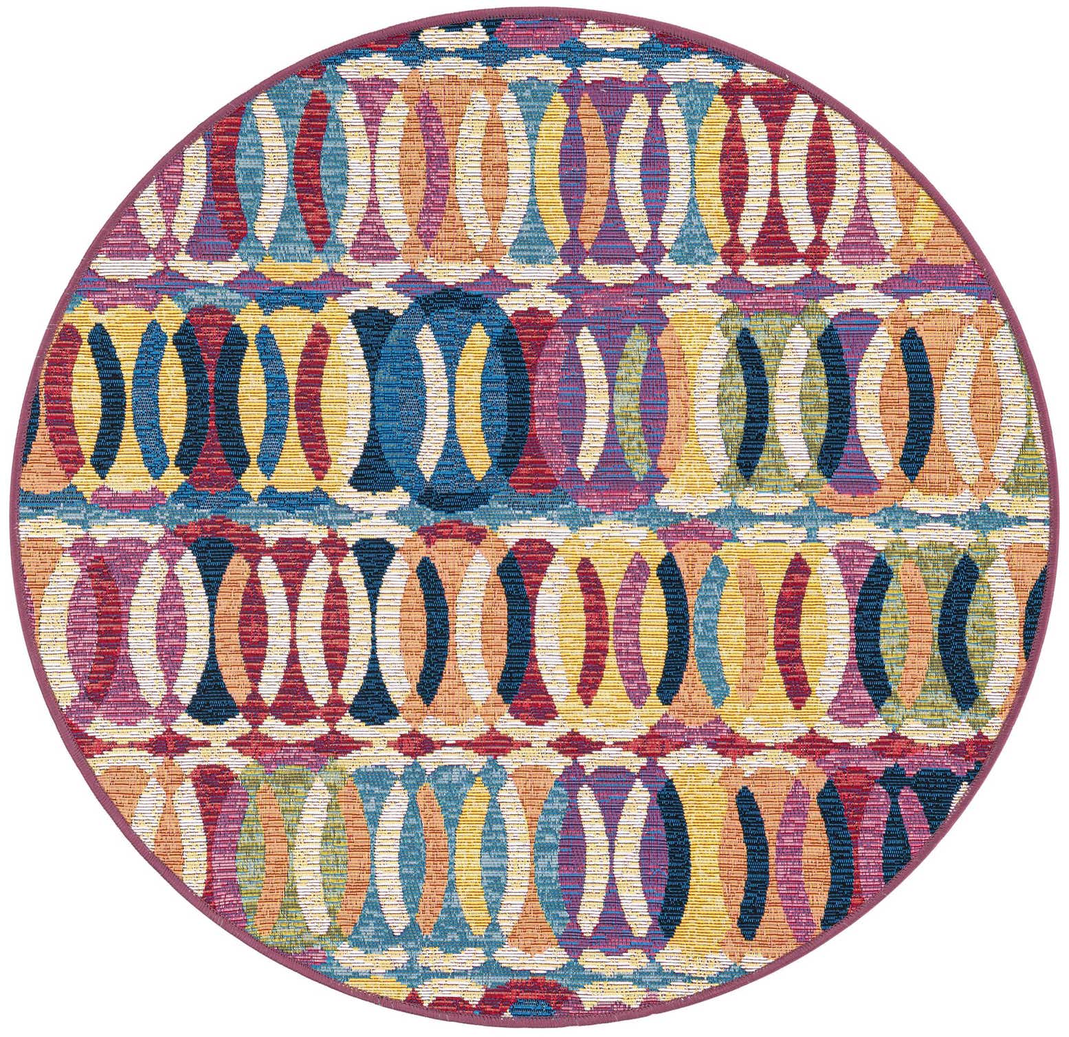 A 3' 3 x 3' 3 round multi-colored contemporary rug with an abstract oval pattern, suitable for indoor or outdoor use.